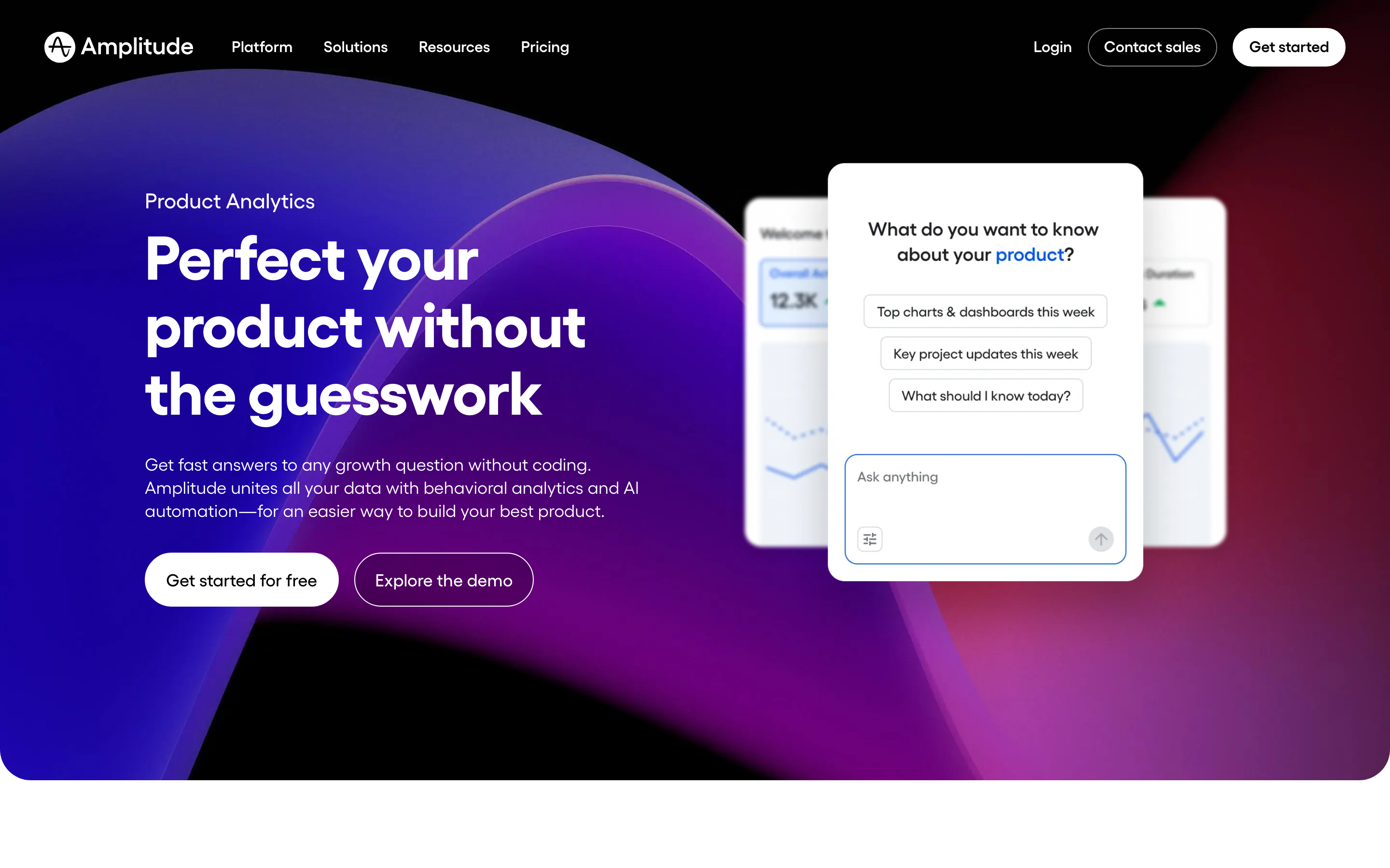 Amplitude’s product analytics page presenting its behavioural analytics platform.