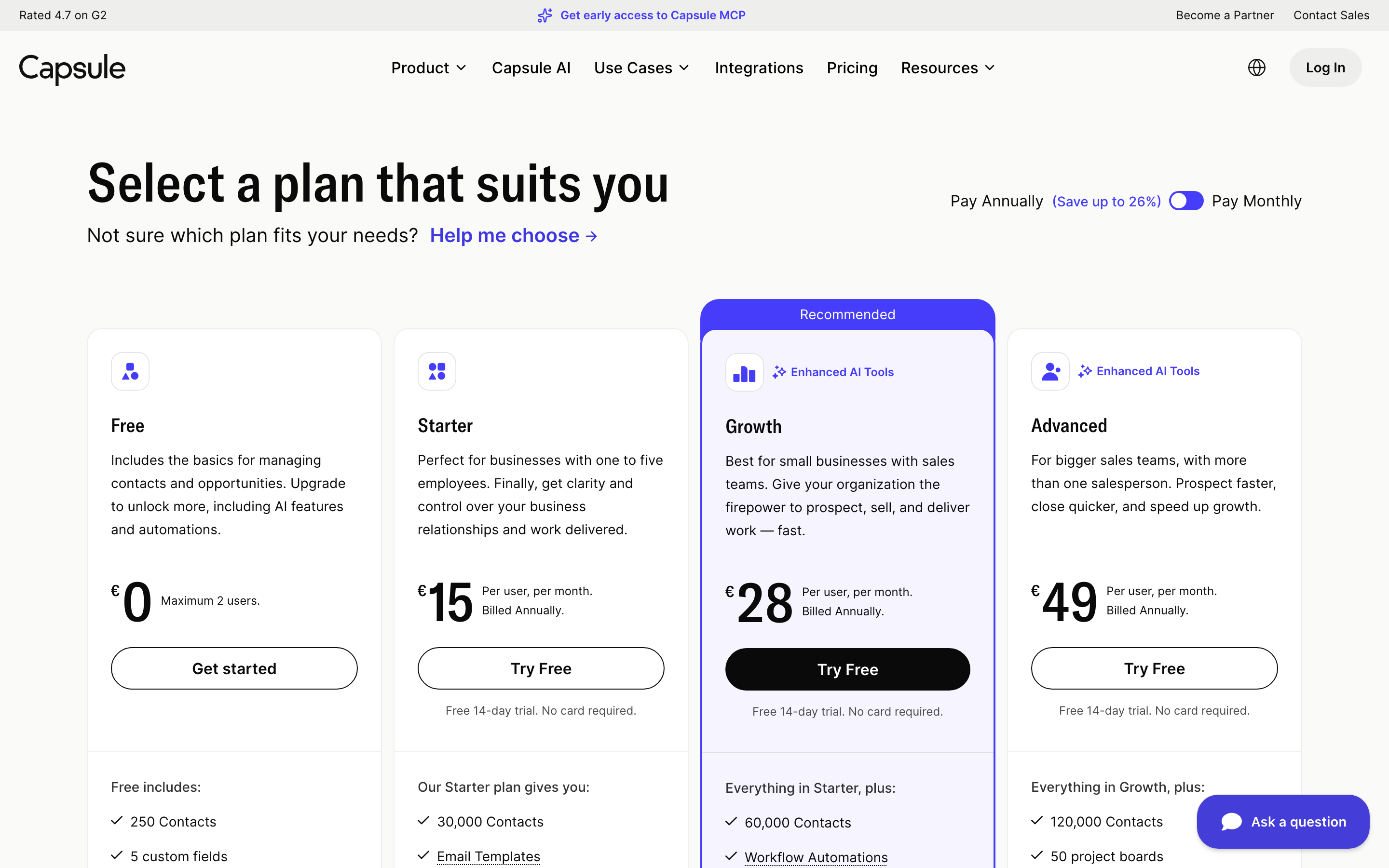 Capsule CRM’s pricing page with Pay Annually selected, showing Free at €0 for a maximum of two users, Starter at €15, Growth at €28 marked recommended, and Advanced at €49 per user per month.