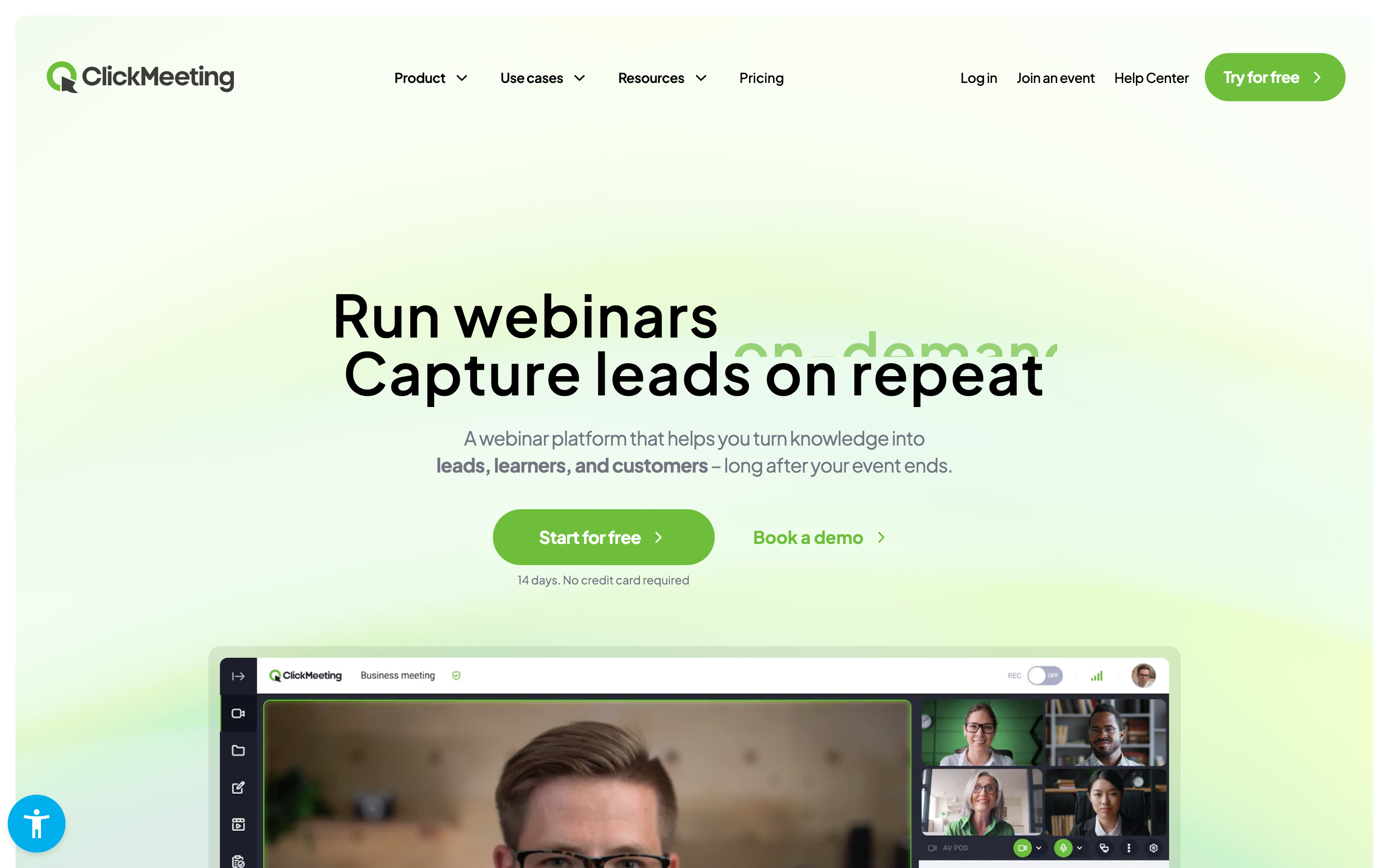 ClickMeeting’s homepage presenting its webinar and online meeting platform.