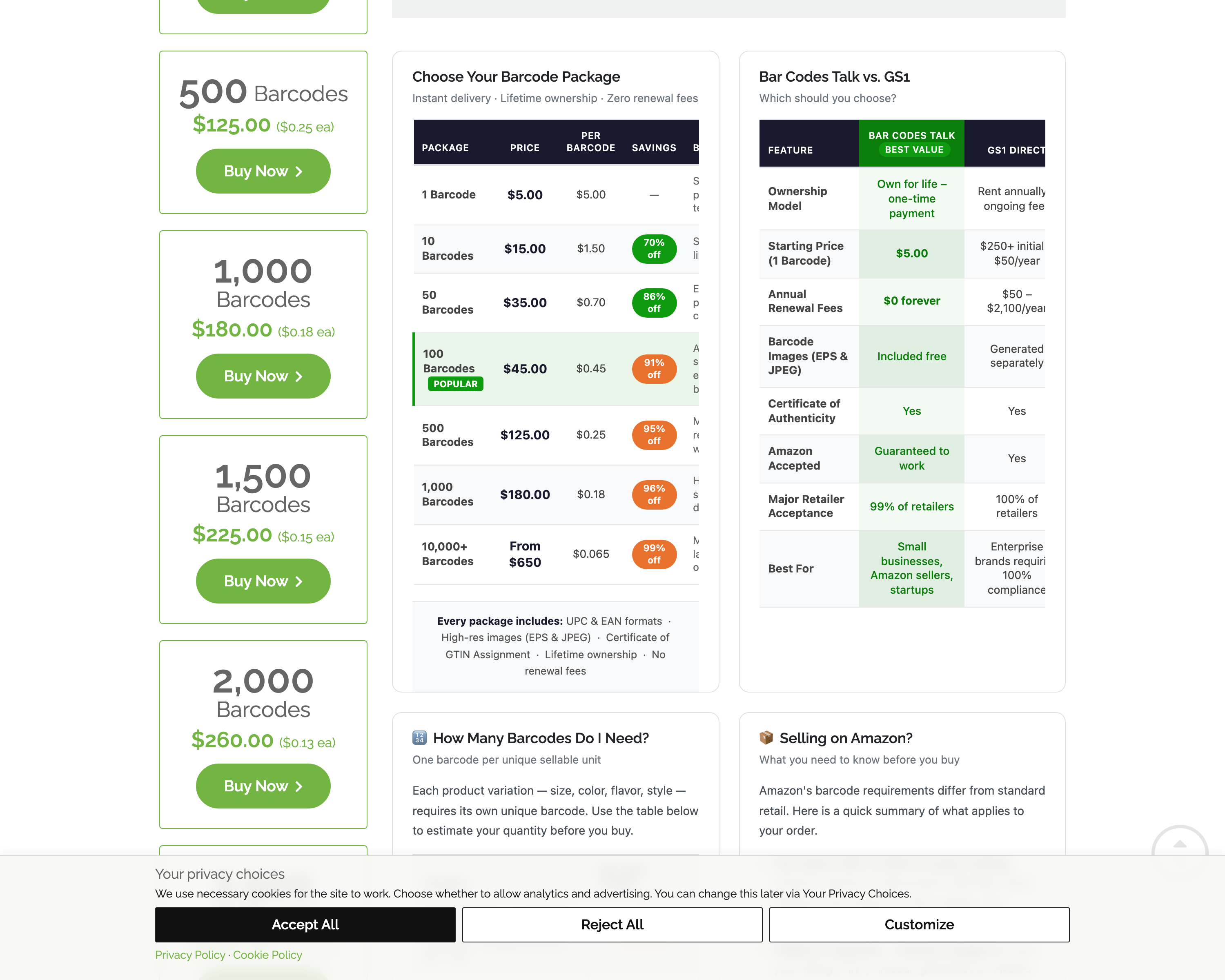 Bar Codes Talk’s barcode quantity ladder, from one barcode at $5.00 to 100,000 at $3,500, with per-unit prices shown for each tier