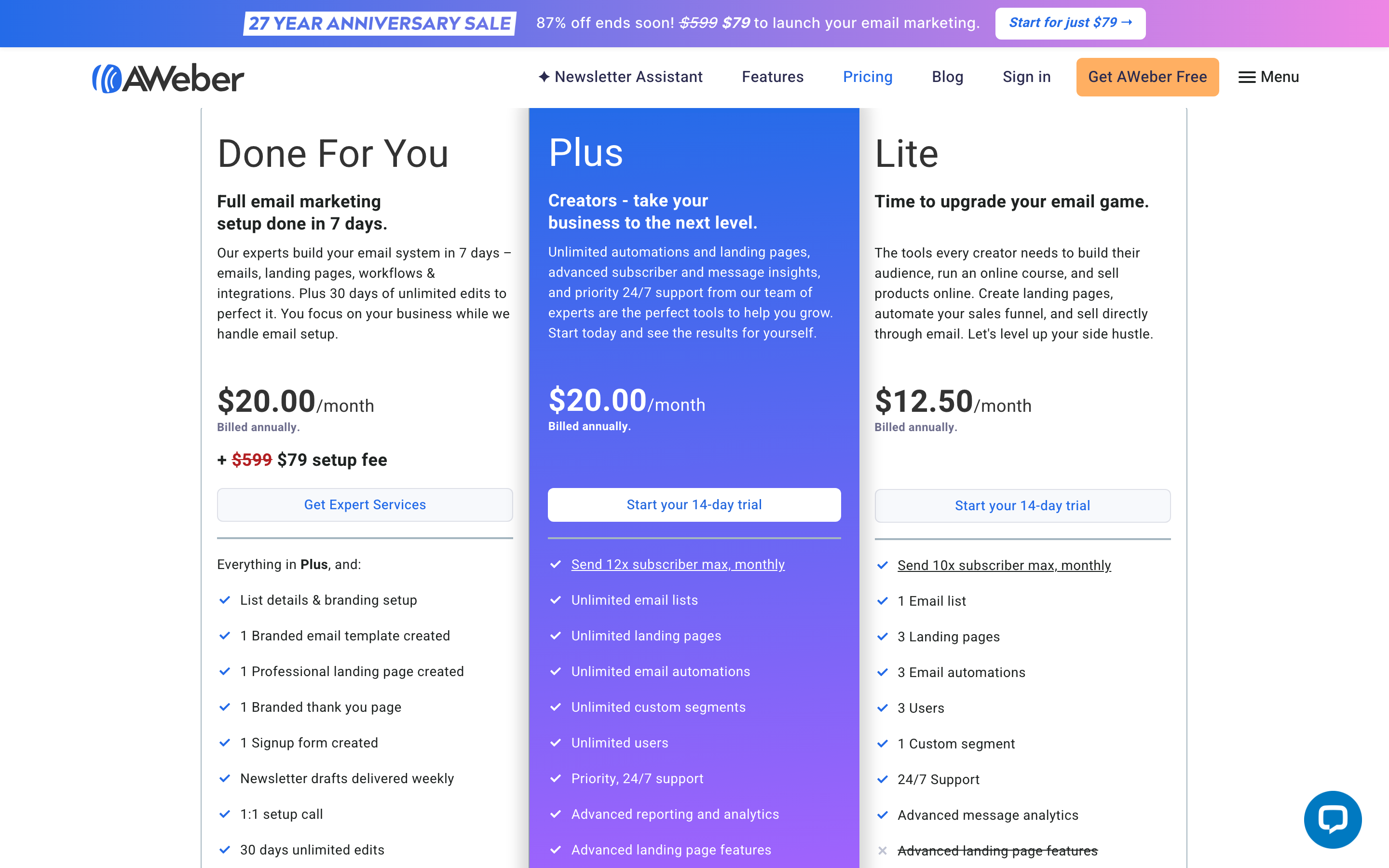 AWeber’s pricing page showing Done For You at $20/month plus a $79 setup fee, Plus at $20/month, and Lite at $12.50/month billed annually, with sending capped at 12x and 10x subscriber count respectively.
