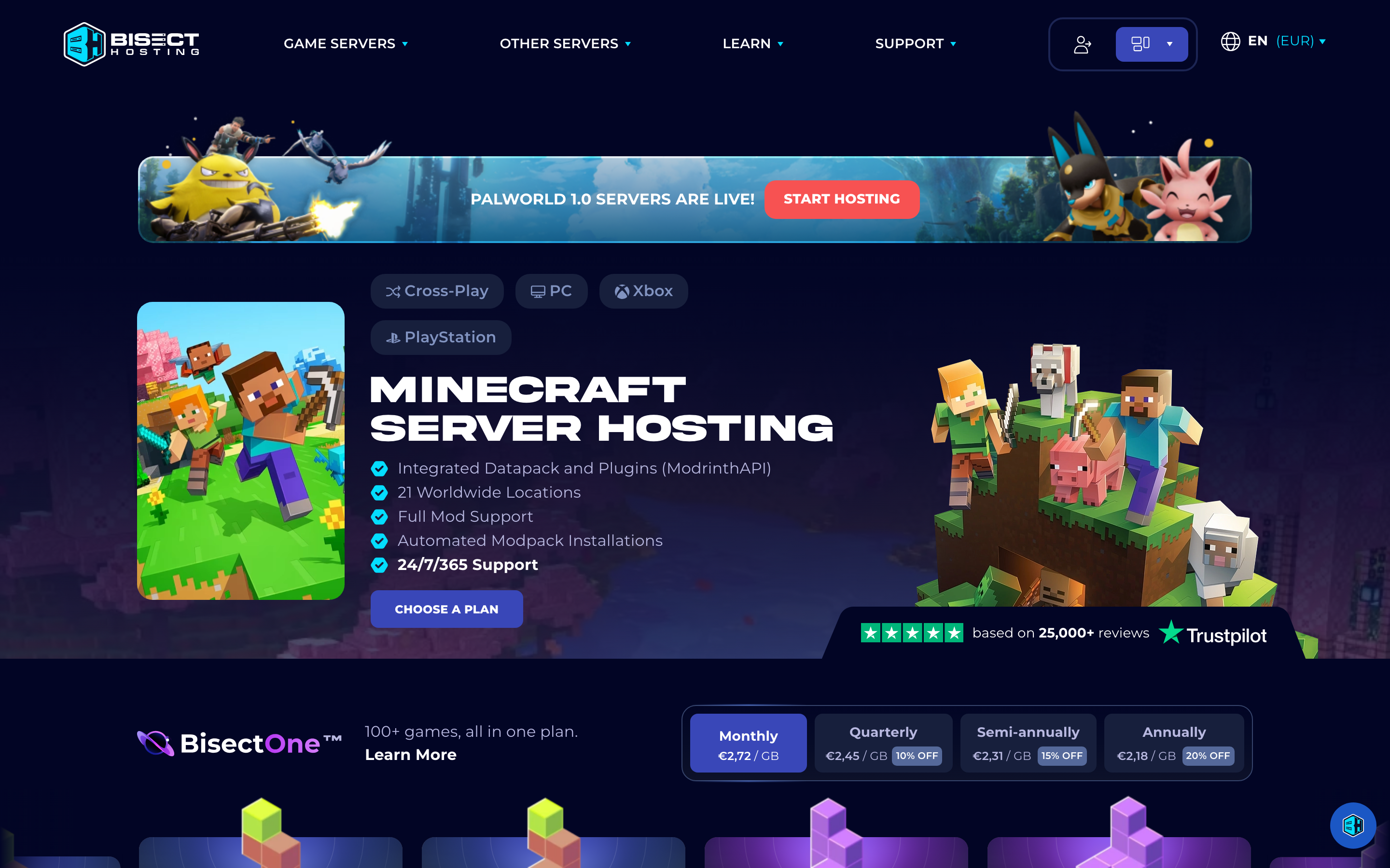BisectHosting’s Minecraft hosting page showing a per-gigabyte rate of €2.72 monthly with quarterly, semi-annual and annual discounts, above a ladder of plans from 2 GB to 48 GB.