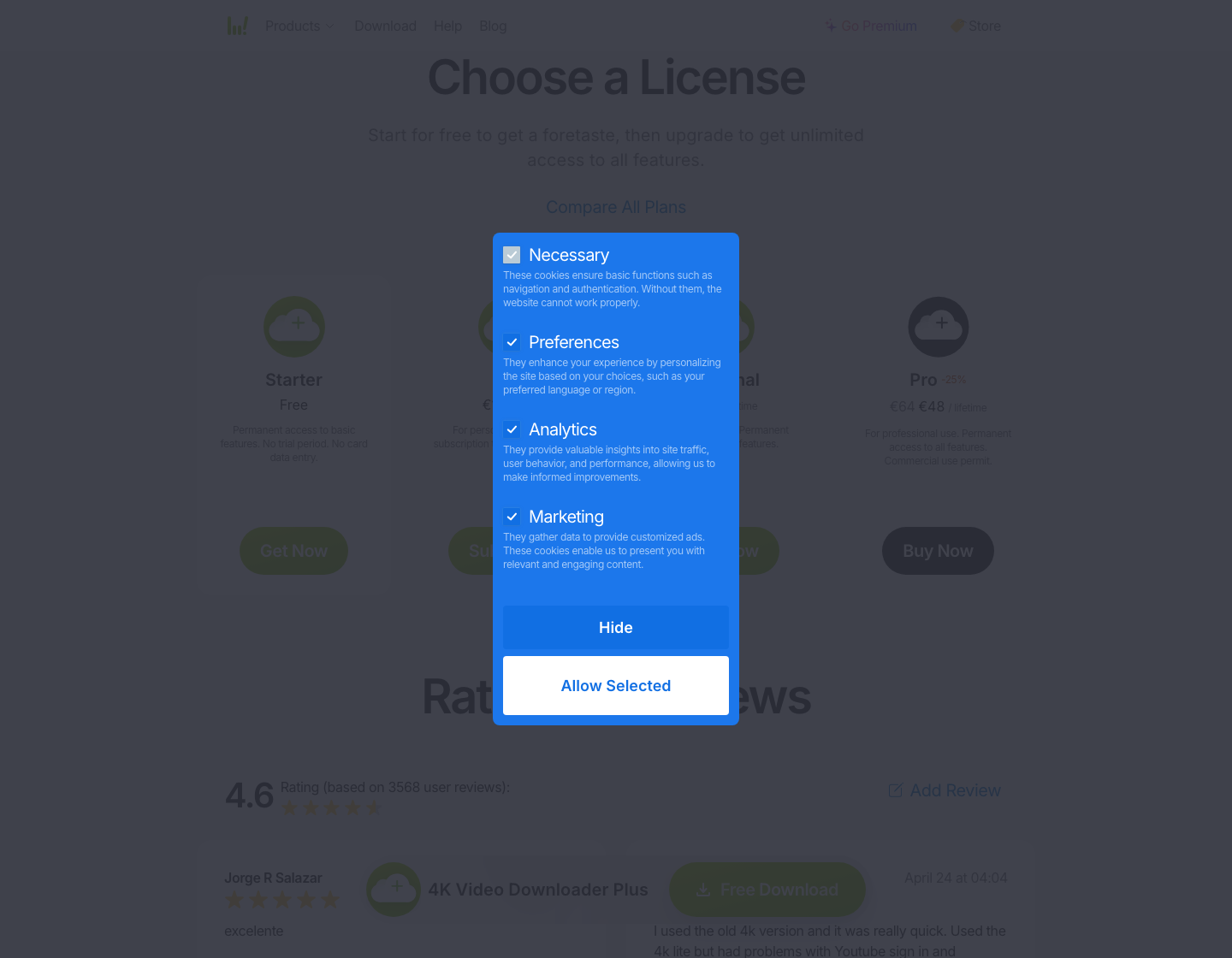 4K Video Downloader’s licence options — Starter, Lite, Personal and Pro.