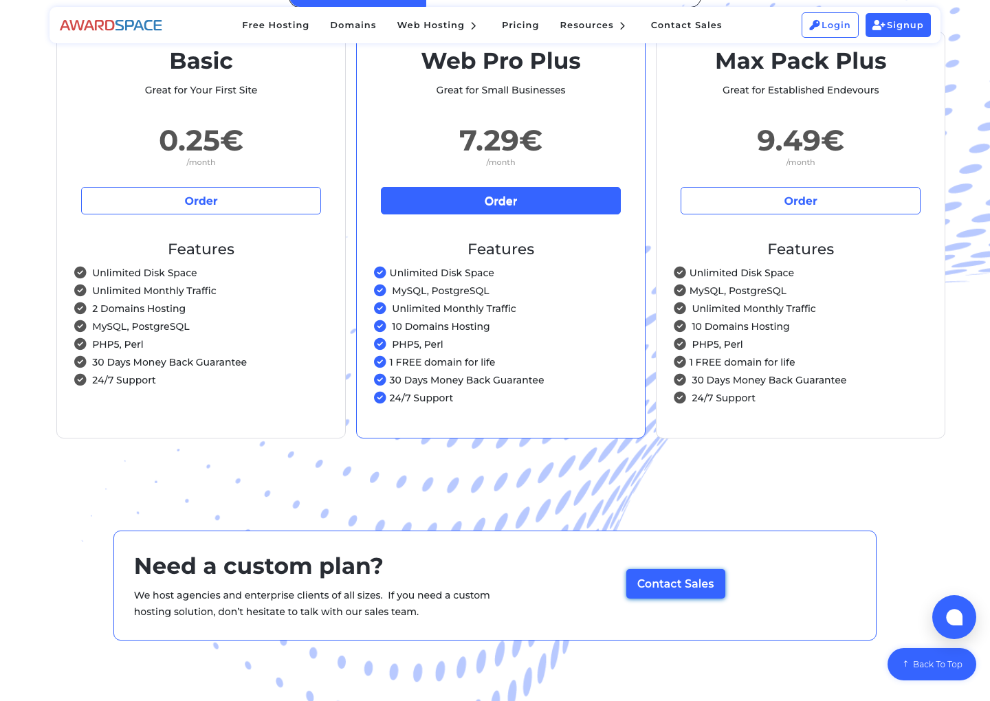 Awardspace Shared-Hosting-Pakete: Basic für 0.25 Euro, Web Pro Plus für 7.29 Euro und Max Pack Plus für 9.49 Euro pro Monat.