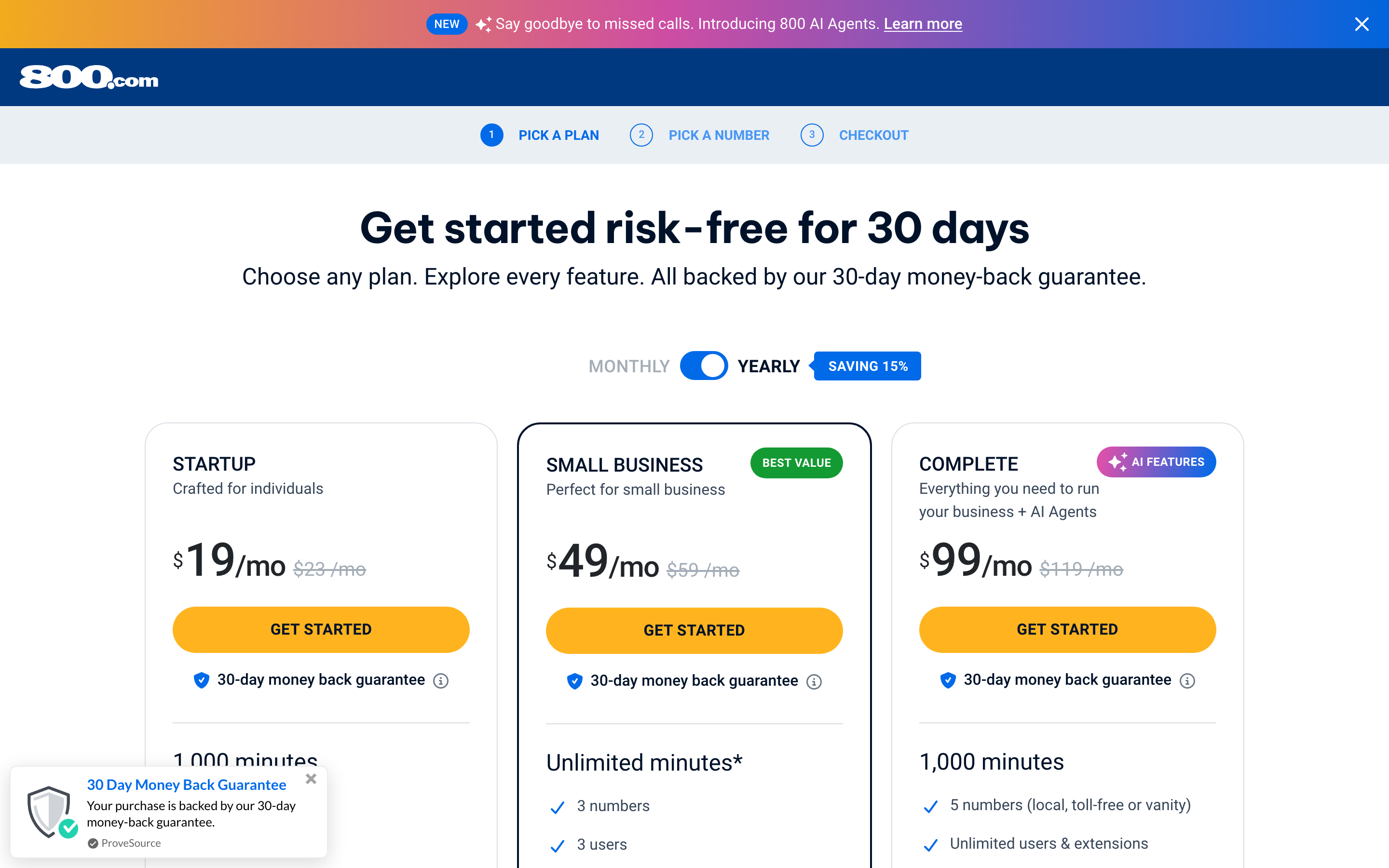 800.com’s plans page showing Startup at $19, Small Business at $49 and Complete at $99 per month on yearly billing, with a custom Enterprise tier.