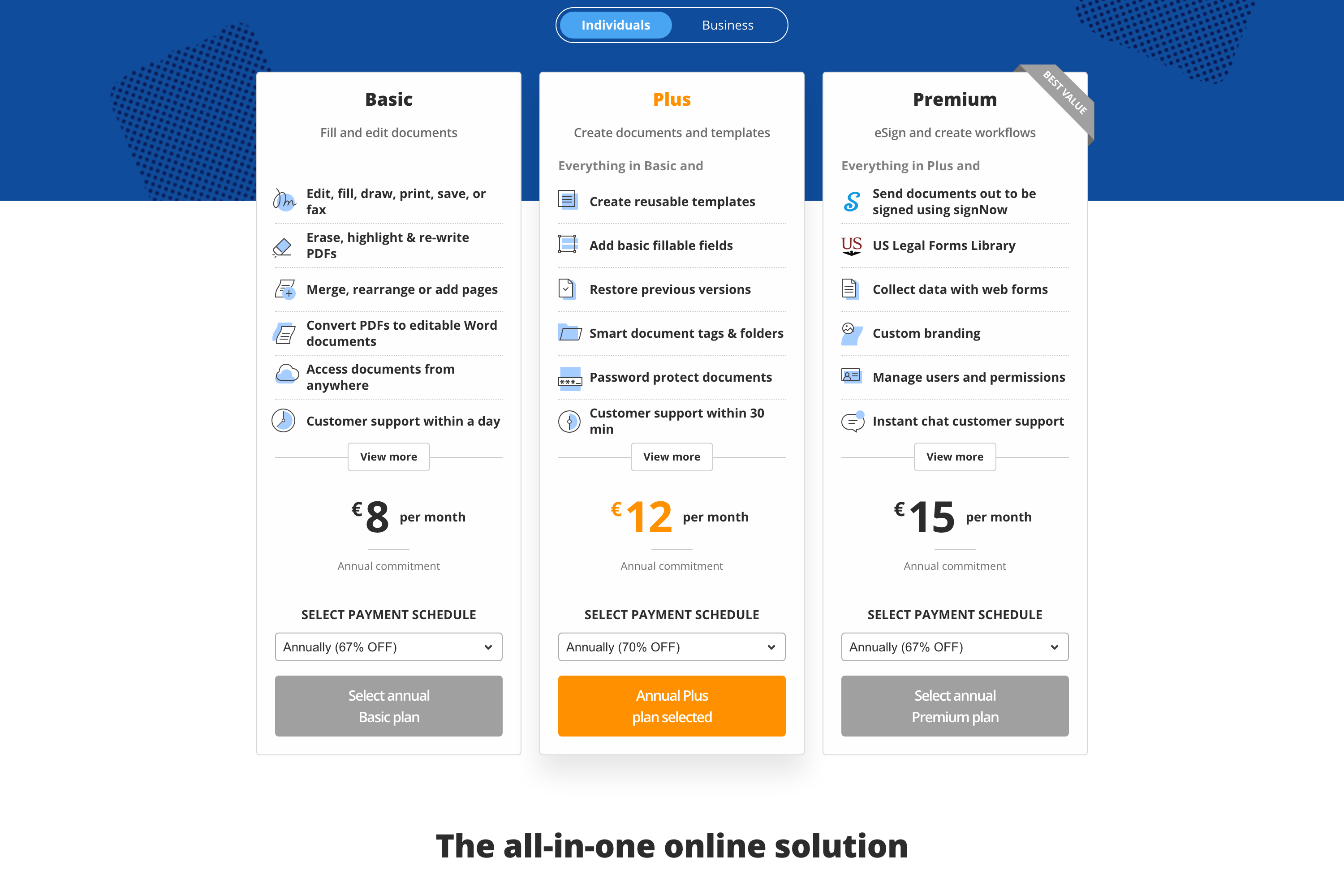 pdfFiller’s three individual plans — Basic at €8 a month, Plus at €12 and Premium at €15, each marked “Annual commitment”