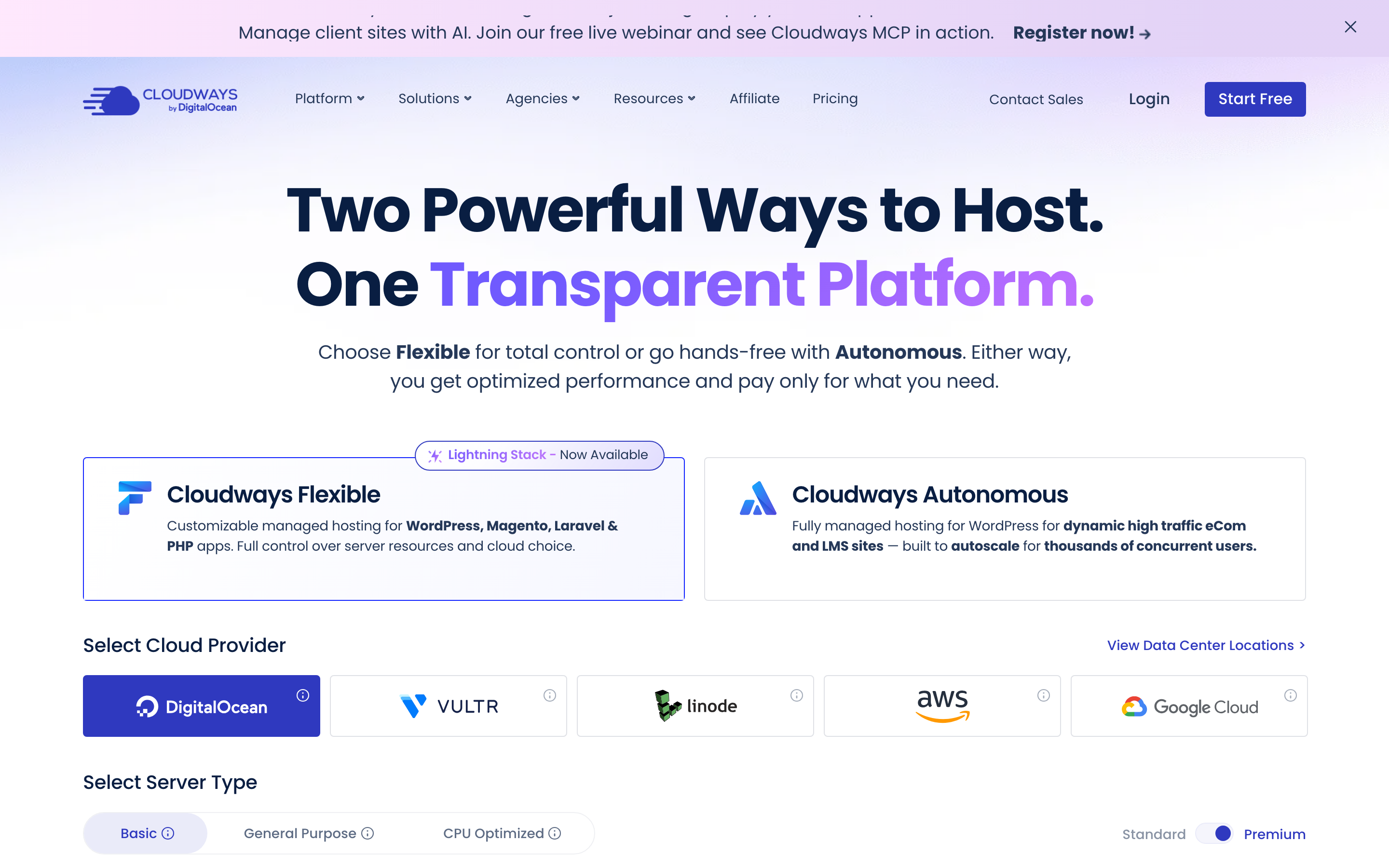 Cloudways’ pricing page showing Flexible plans from Micro at $14 to Large at $99 per month, each with unlimited websites and unlimited visits.