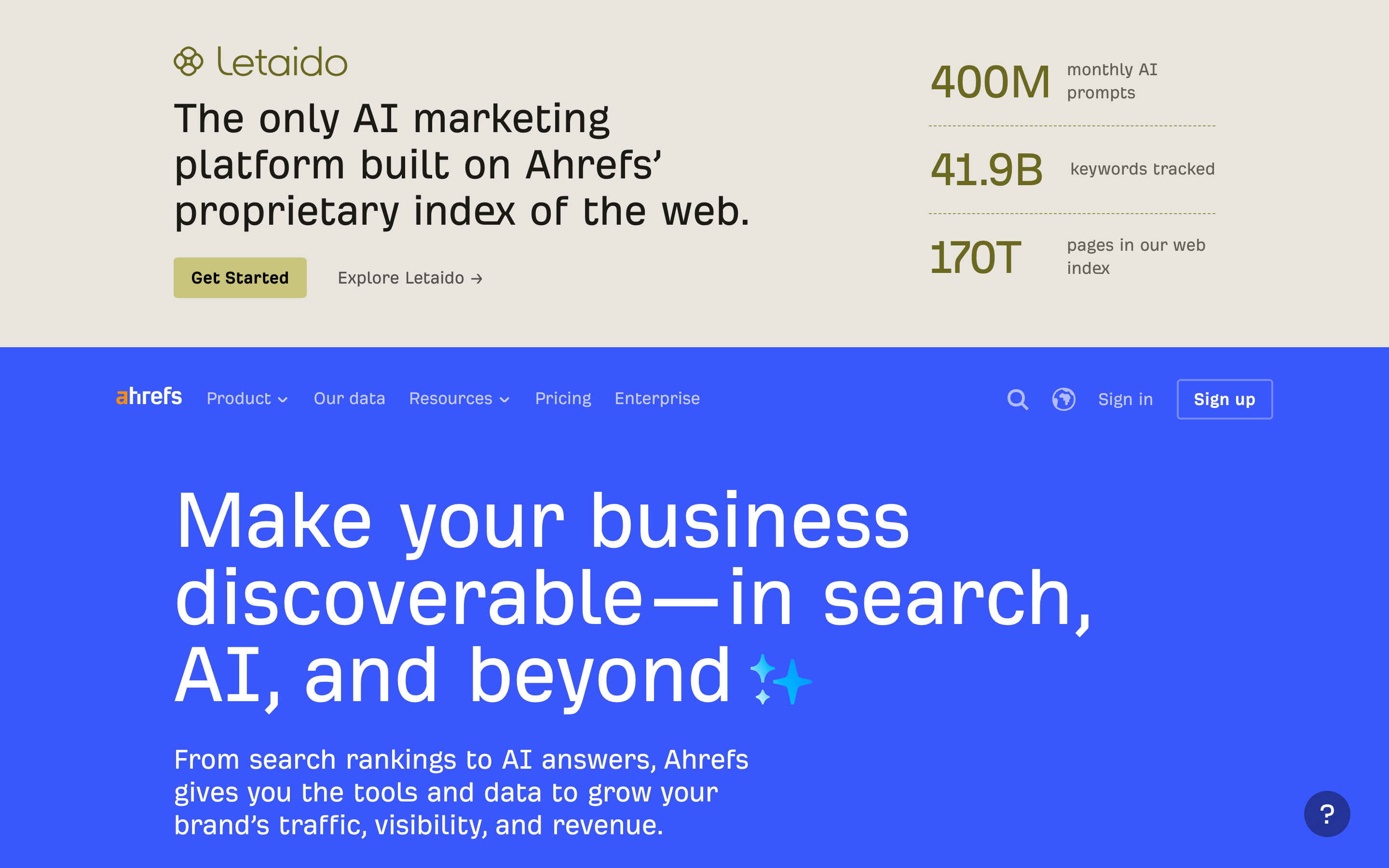 Ahrefs’ homepage presenting its AI marketing platform powered by big data.