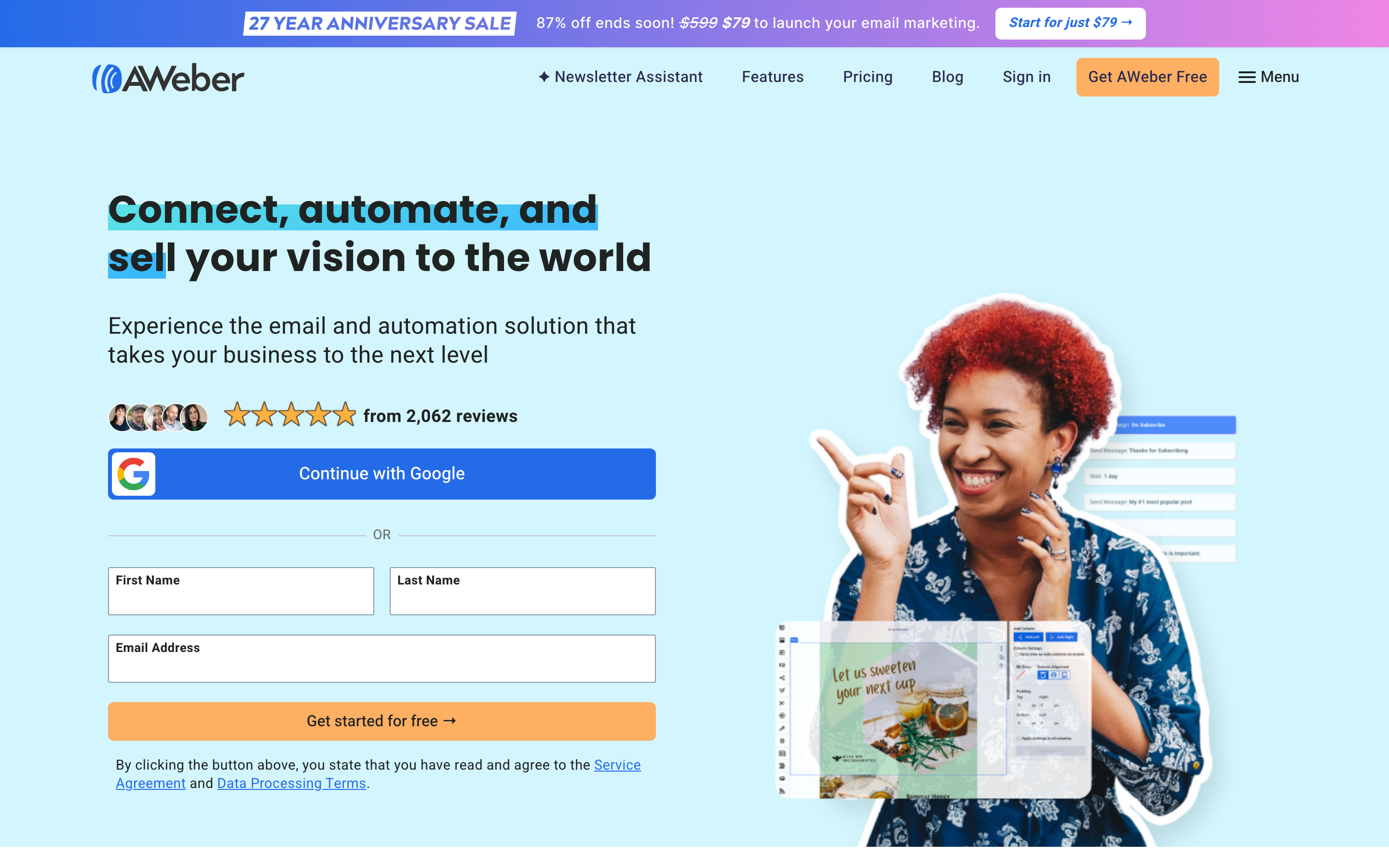 AWeber’s homepage presenting its email marketing platform.