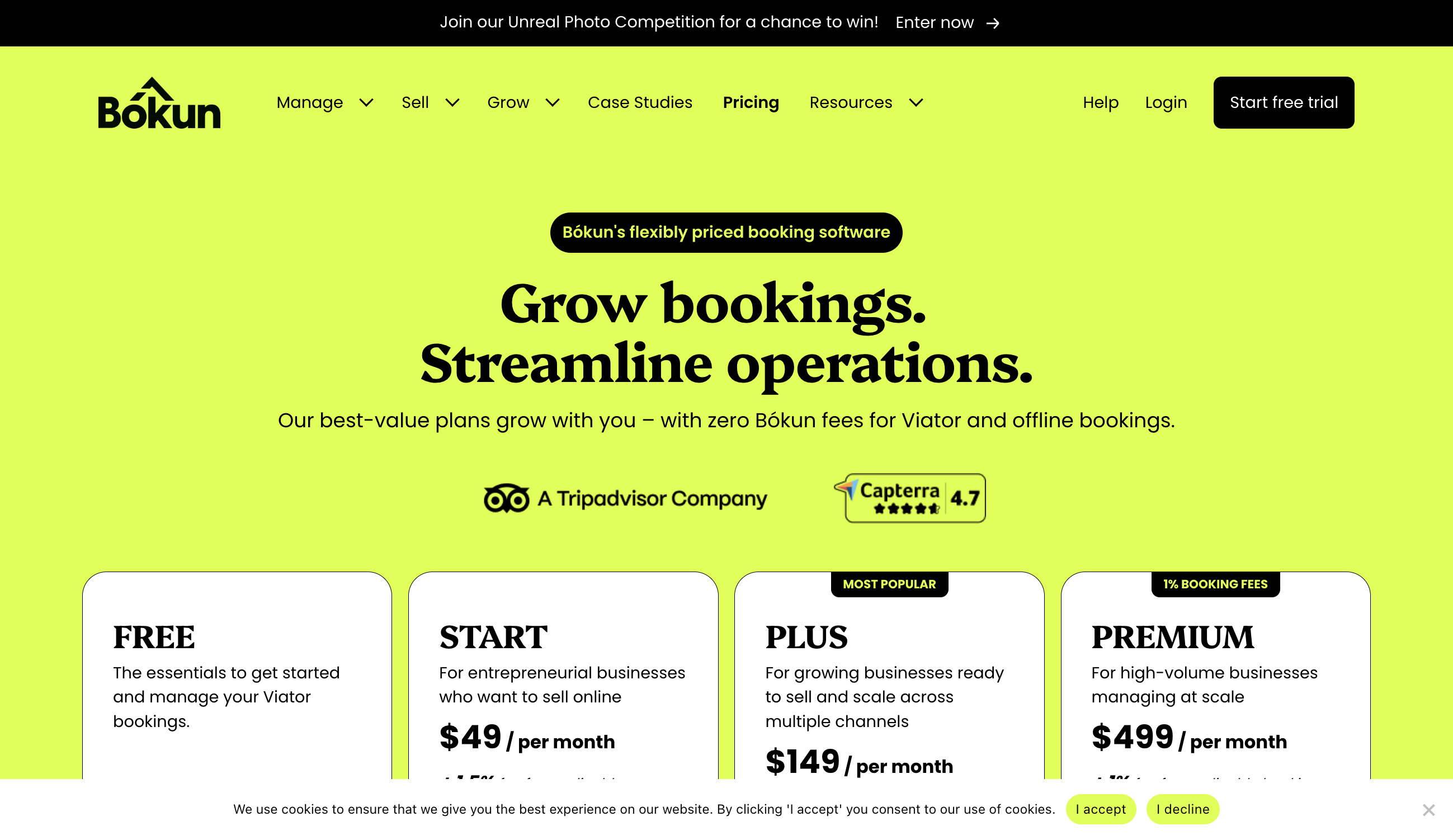 Bókun’s pricing plans: a Free tier plus START at $49/month, PLUS at $149/month (most popular), and PREMIUM at $499/month, advertised with zero Bókun fees on Viator and offline bookings.