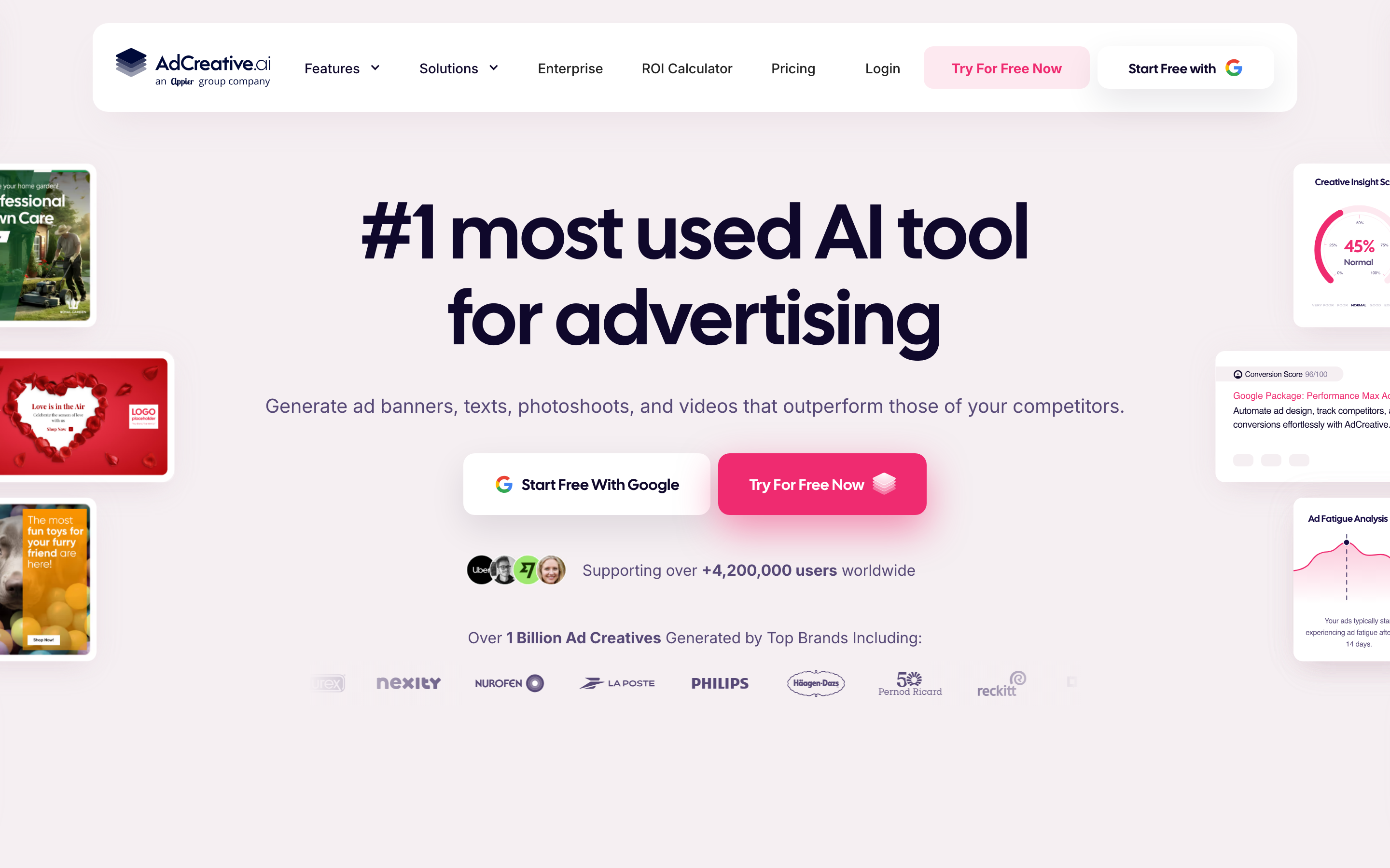 AdCreative.ai’s pricing section showing Starter at $20, Professional at $125 and Ultimate at $500 per month billed yearly, with monthly, quarterly and yearly billing options.