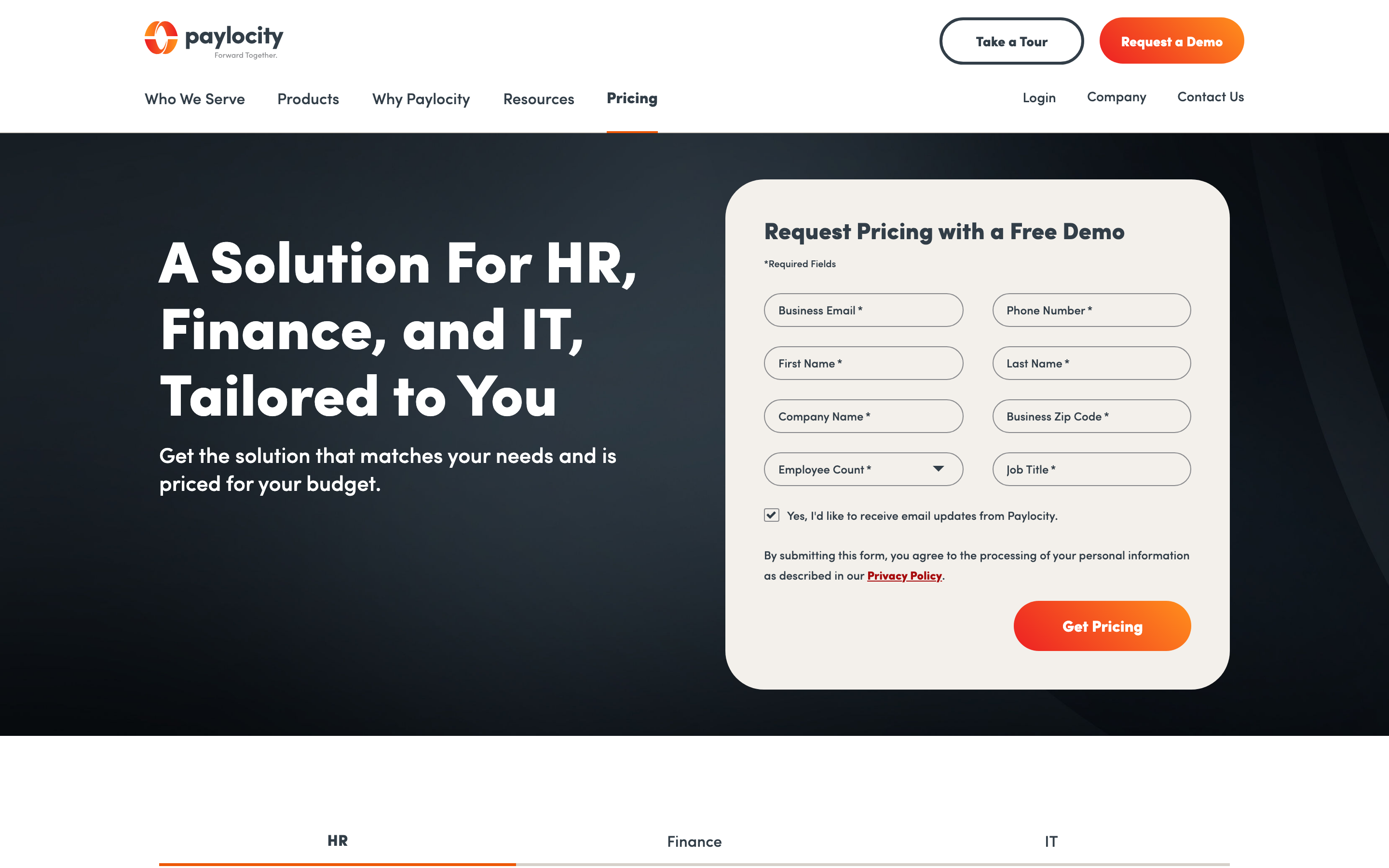 Airbase’s pricing page today, which redirects to Paylocity’s site and offers a “Request Pricing with a Free Demo” form rather than any published rates.