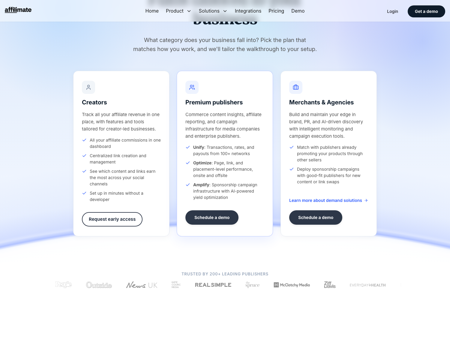 Affilimate’s pricing page: three cards for Creators, Premium publishers and Merchants & Agencies with no prices — the Creators button reads Request early access, the other two Schedule a demo.