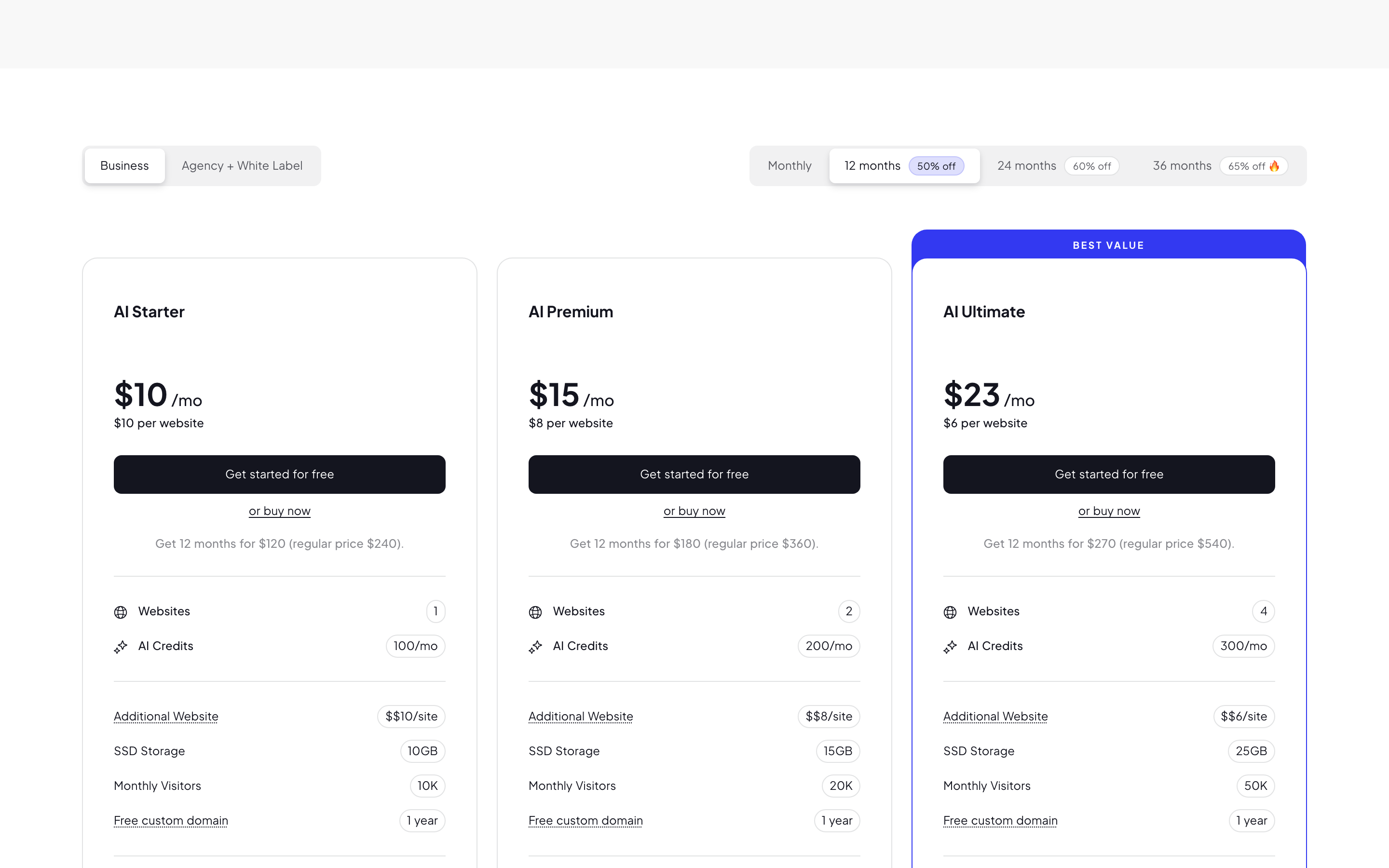 10Web’s pricing page with the 12-month term selected at 50% off, showing AI Starter at $10, AI Premium at $15, and AI Ultimate at $23 per month, with regular annual prices of $240, $360, and $540 noted beneath.