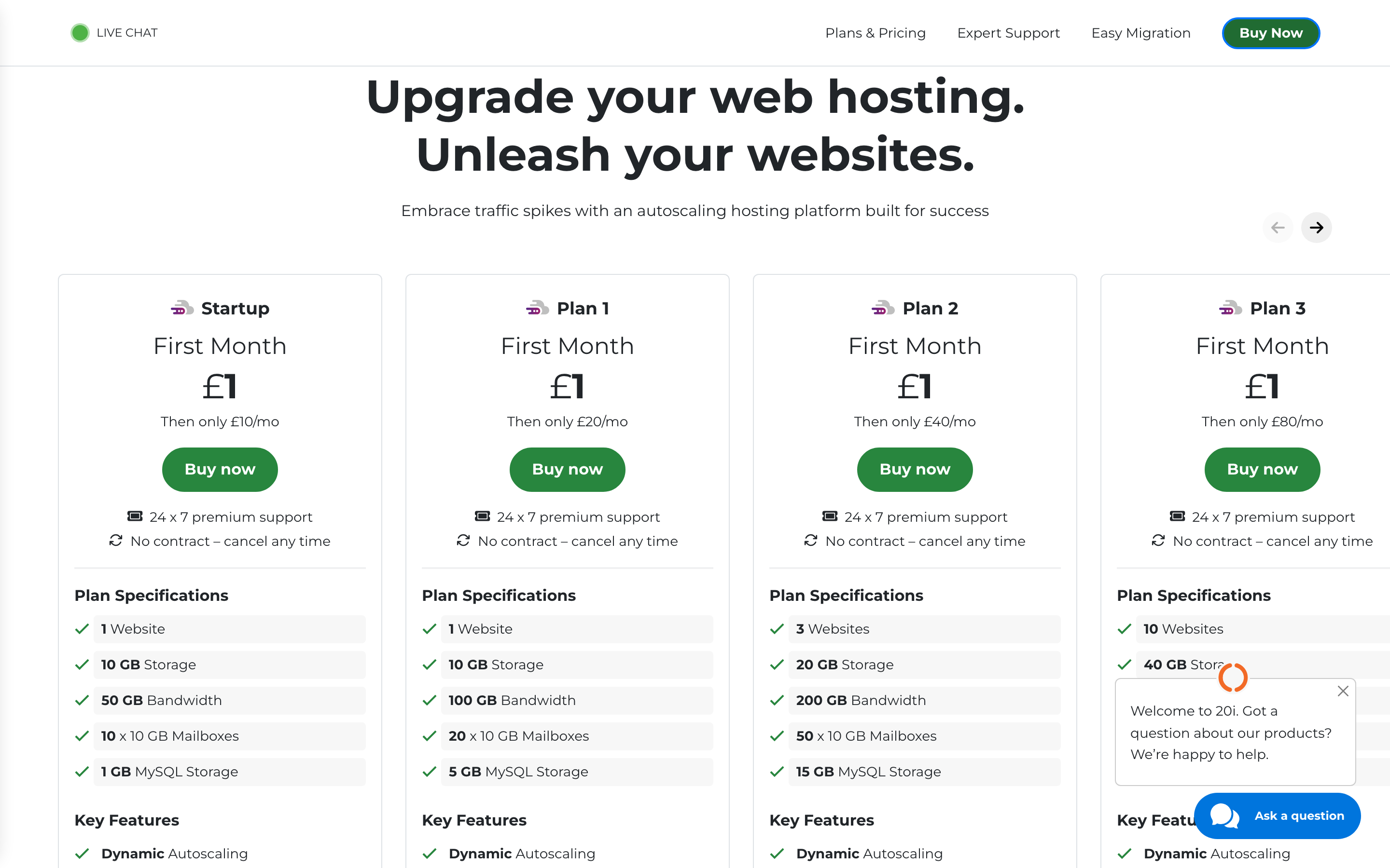 20i’s web hosting page showing Startup, Plan 1 and Plan 2, each advertised at £1 for the first month.