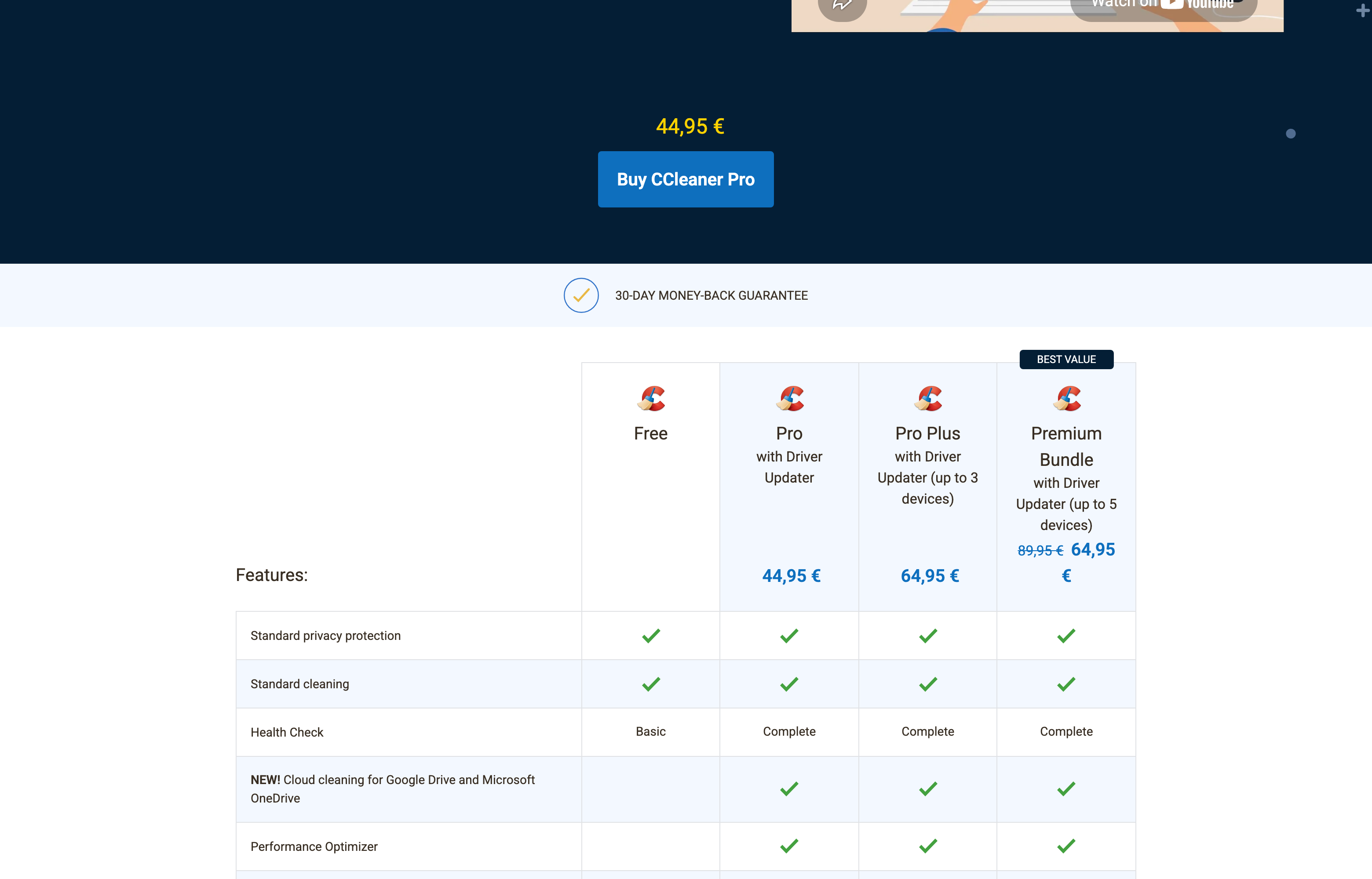 CCleaner’s pricing page showing Free, Pro at €44.95, Pro Plus at €64.95 for up to 3 devices, and the Premium Bundle at €64.95 for up to 5 devices, badged Best Value.