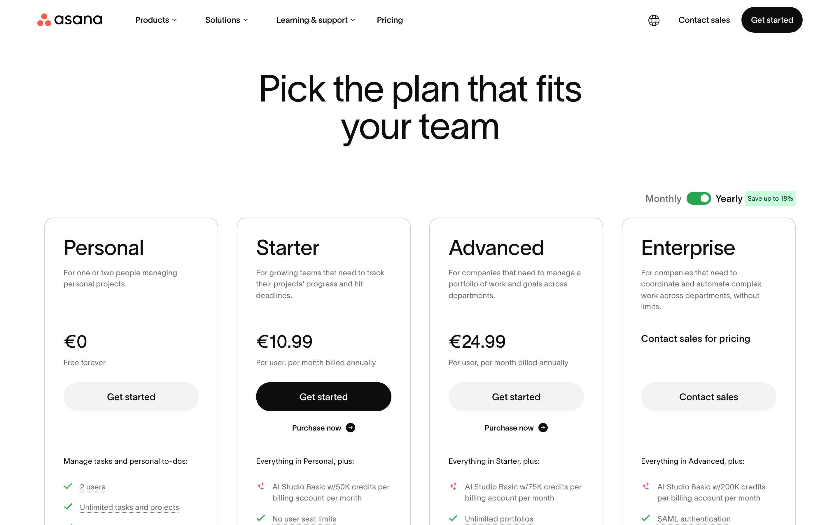 Asana’s pricing page on yearly billing showing Personal free for 2 users, Starter at €10.99 and Advanced at €24.99 per user per month, and custom Enterprise pricing, with AI Studio credits allocated per billing account.