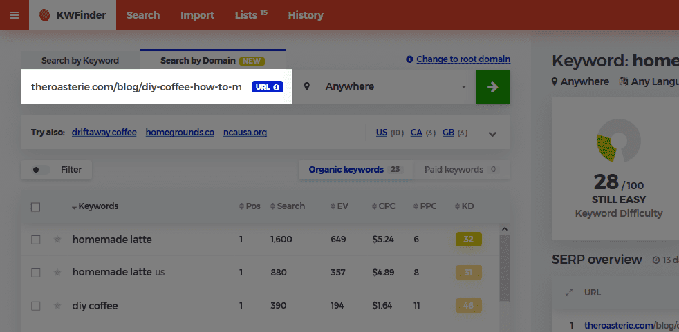 search by domain KWFinder