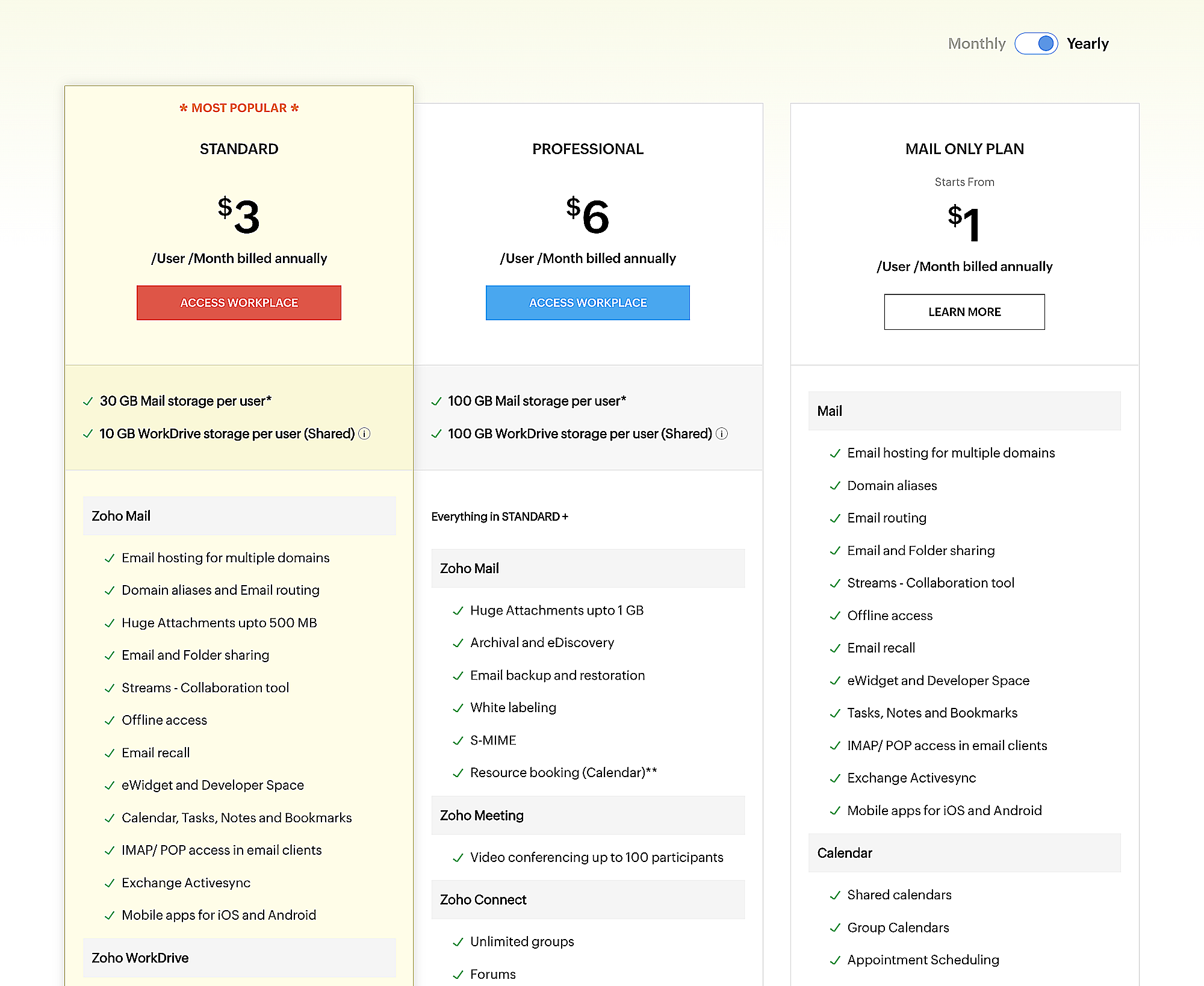 Zoho Workplace pricing plans