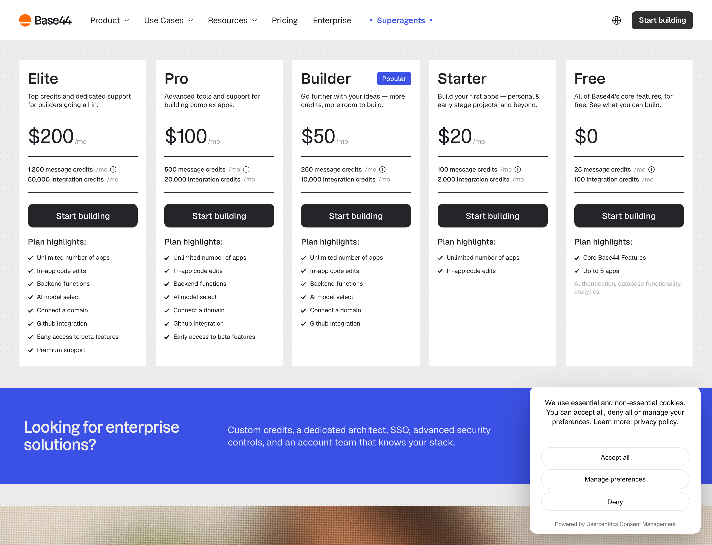 Base44’s five plans on monthly billing — Elite at $200, Pro at $100, Builder at $50, Стартер в $20 and a free tier, each showing its message and integration credit allowance
