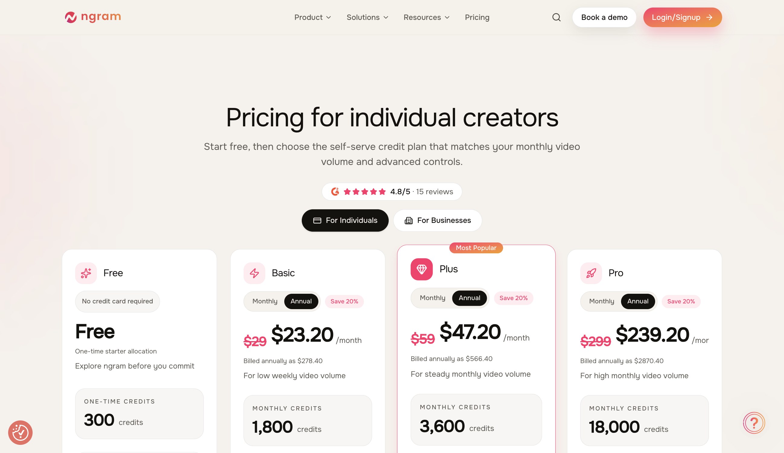 ngram’s pricing for individual creators: a free starter tier plus Basic, Plus, and Pro credit plans, billed monthly or annually.