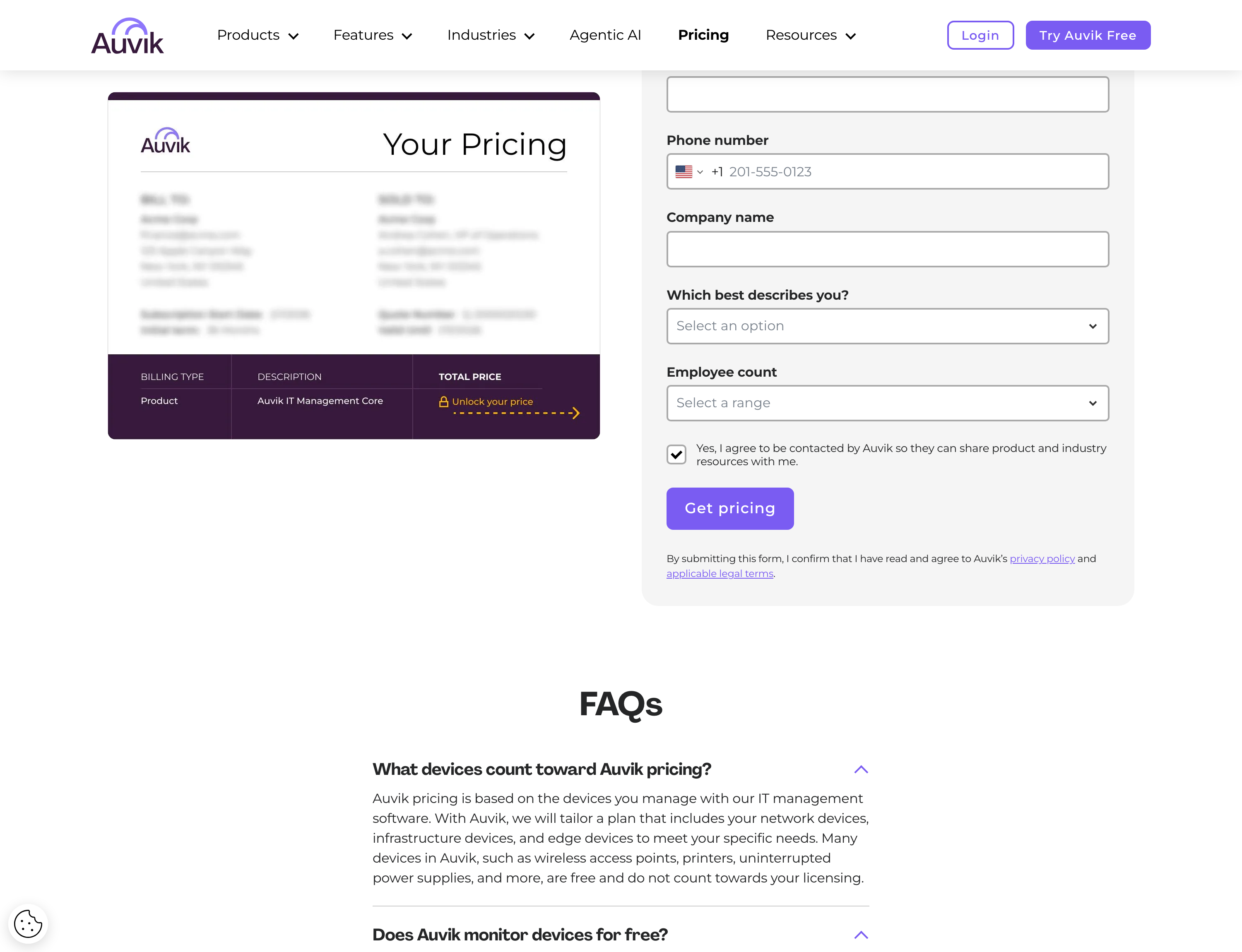 Auvik’s pricing page — a mock invoice with the total obscured behind a padlock reading “Unlock your price”, beside a lead-capture form