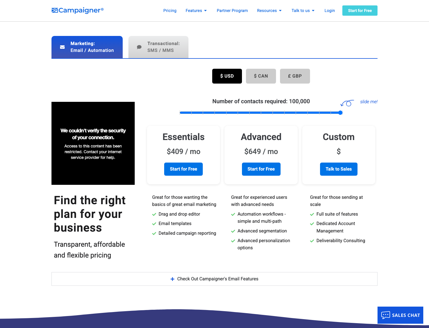 Campaigner’s pricing page, with the contact slider set to 1,000 and the Essentials, Advanced and Custom tiers.