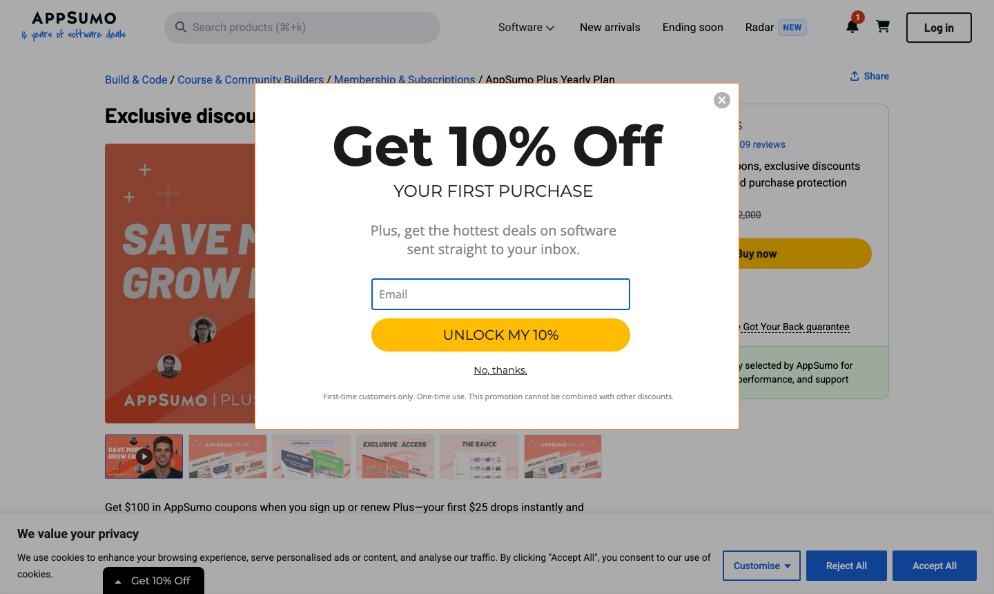 AppSumo Plus Yearly Plan priced at $99 with a struck-through $2,000 and a “-95%” badge, listing $100 in coupons, 10% off sitewide and purchase protection.
