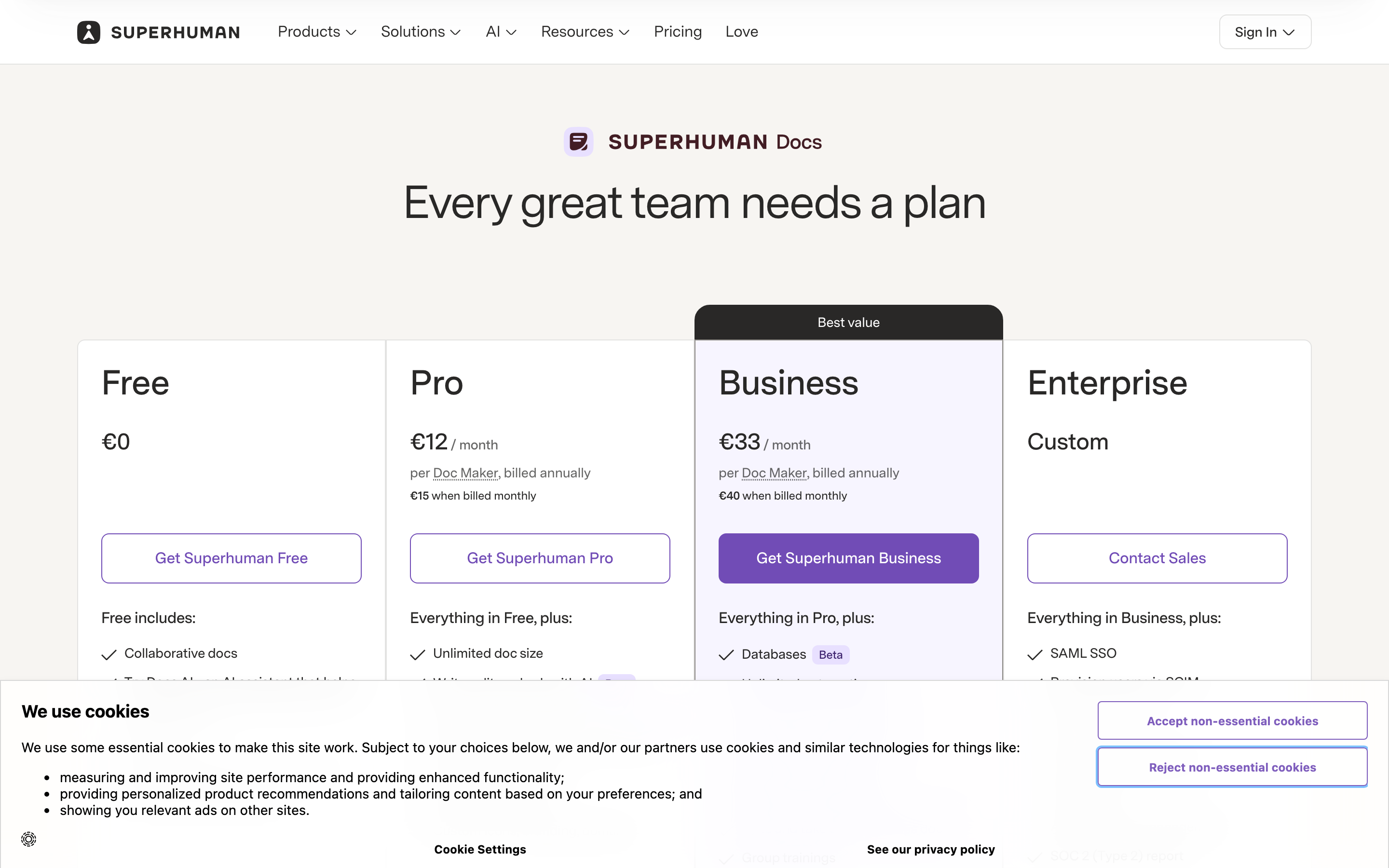 Coda’s pricing page showing Free at €0, Pro at €12 and Business at €33 per Doc Maker per month billed annually, with buttons reading Get Superhuman.