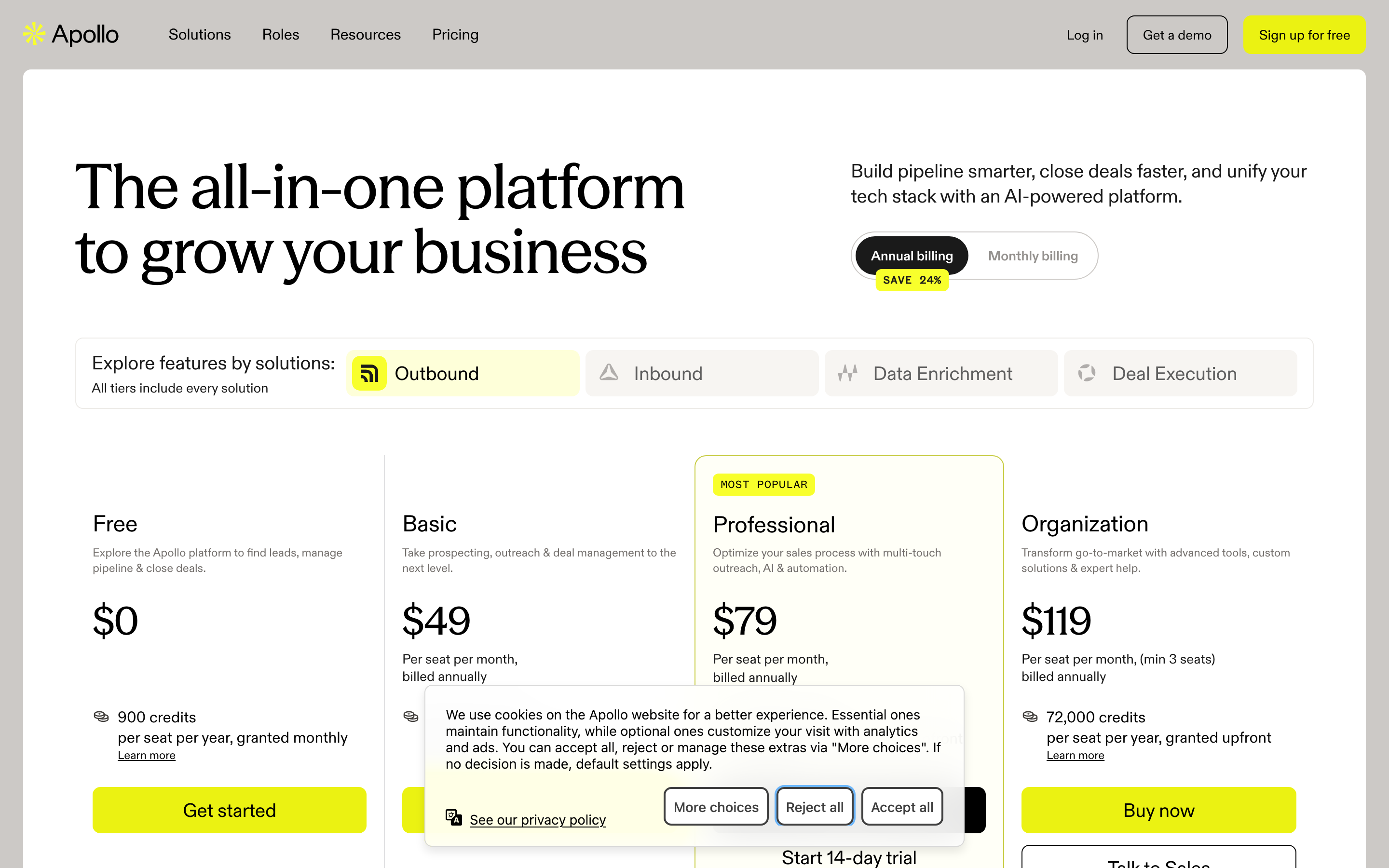 Apollo.io’s pricing page with Annual billing selected, showing Free at $0, Basic at $49, Professional at $79 and Organization at $119 per seat per month, each listing an annual credit allowance.