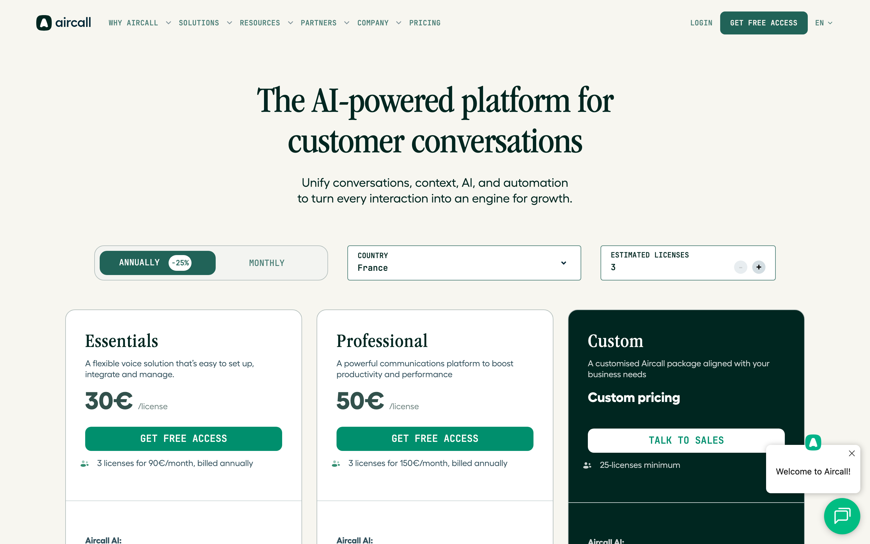 Aircall’s pricing page showing Essentials at €30 and Professional at €50 per licence per month, each with a three-licence minimum, and a Custom tier requiring 25 licences.