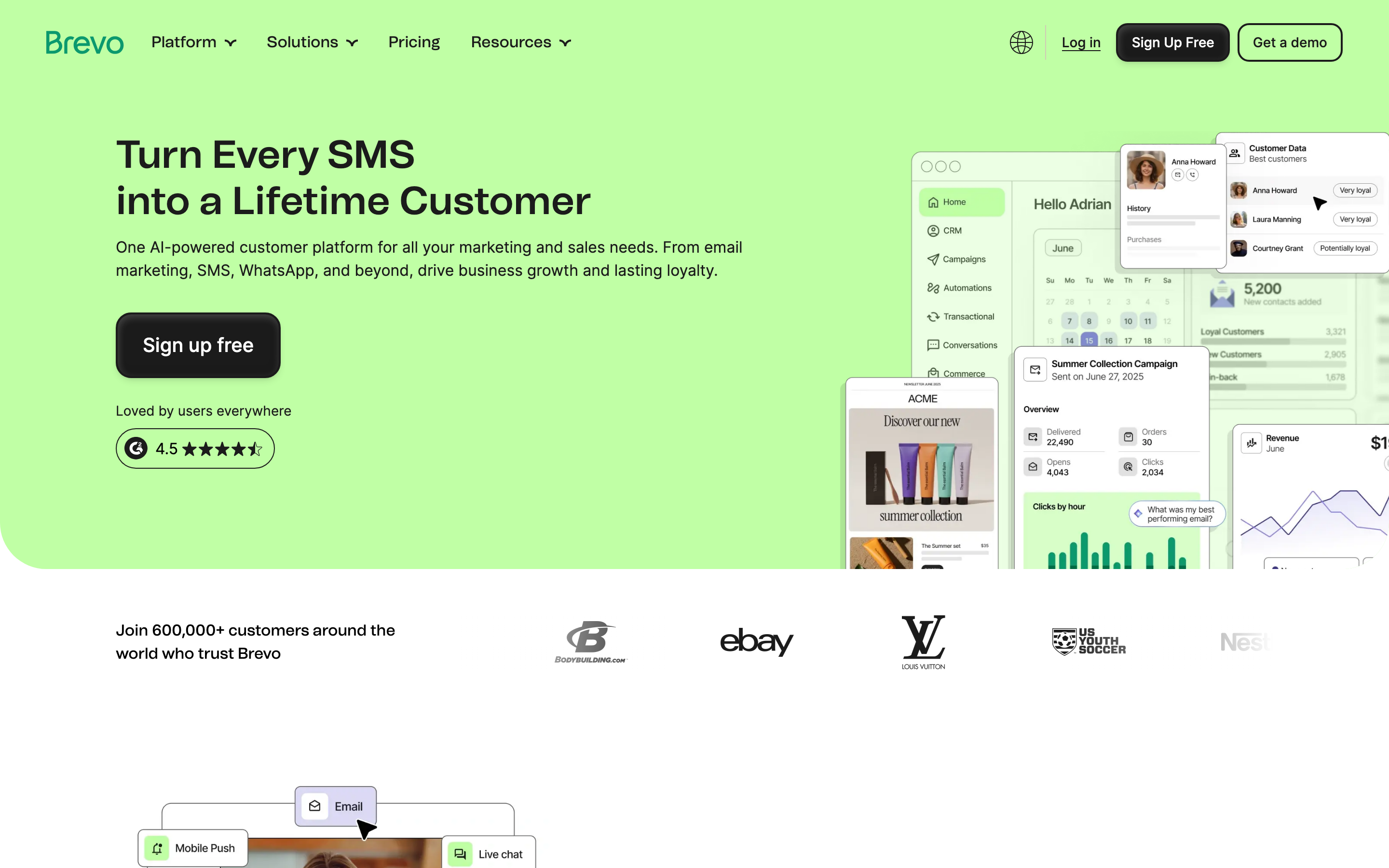 Brevo’s homepage presenting its all-in-one marketing platform.