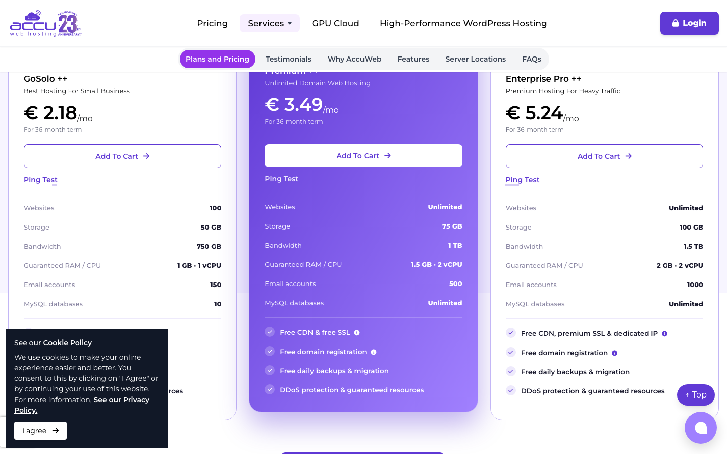 AccuWeb’s three shared hosting plans on the euro price list: GoSolo ++ at €2.18, Premium ++ at €3.49 and Enterprise Pro ++ at €5.24 a month, each quoted for a 36-month term.