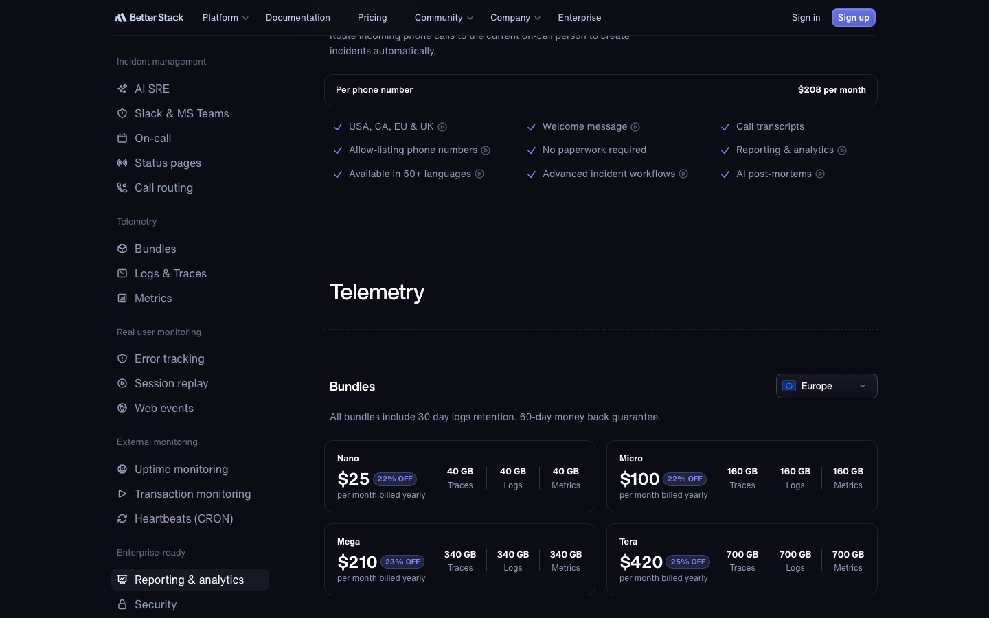 Better Stack’s Telemetry bundles — Nano $25, Micro $100, Mega $210 and Tera $420 per month billed yearly — with the data-region selector set to Europe.