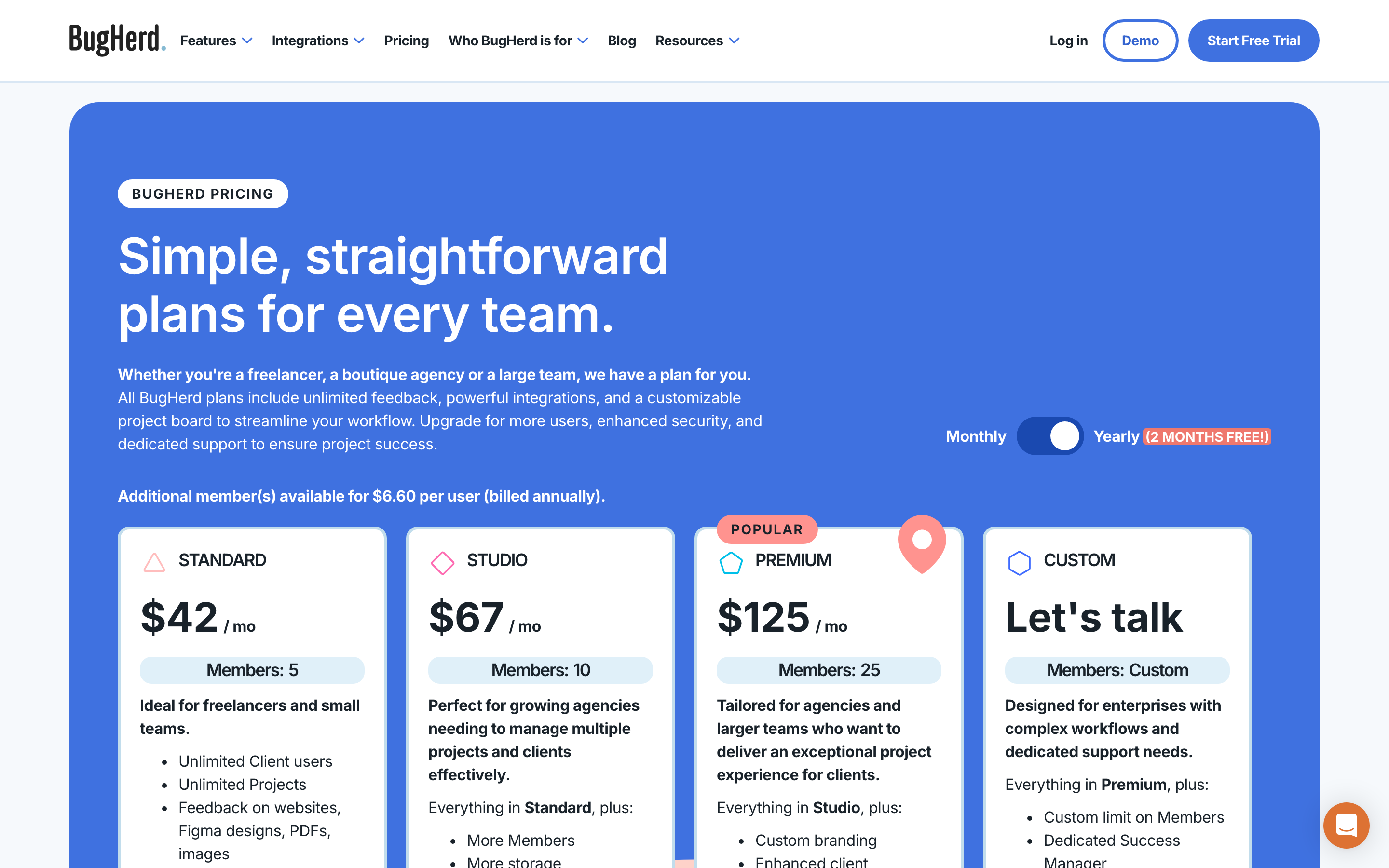BugHerd’s pricing page showing Standard at $42, Studio at $67 and Premium at $125 per month billed yearly, for 5, 10 and 25 members.