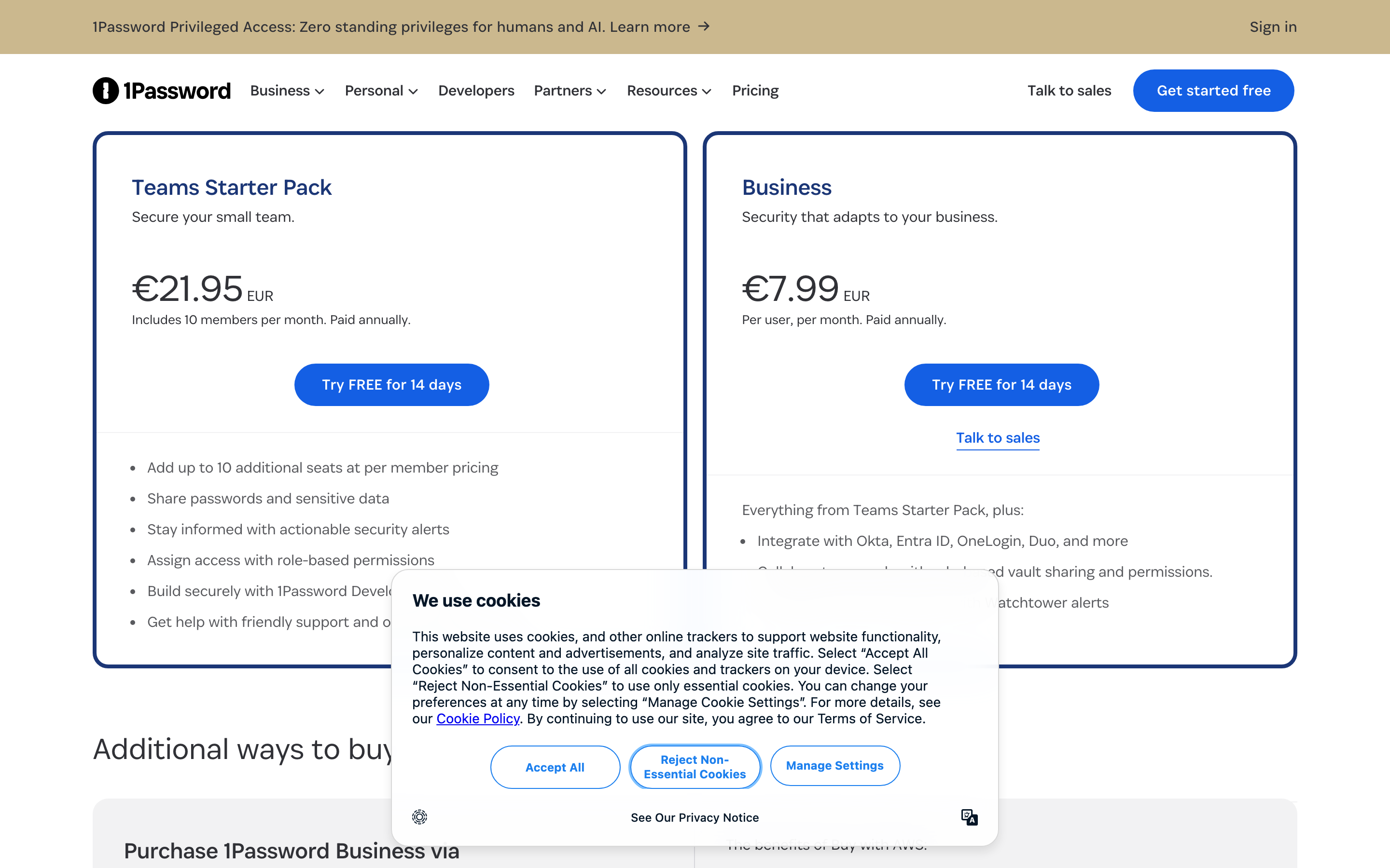 1Password’s business pricing page showing the Teams Starter Pack at €21.95 a month including ten members, and Business at €7.99 per user per month, both paid annually.