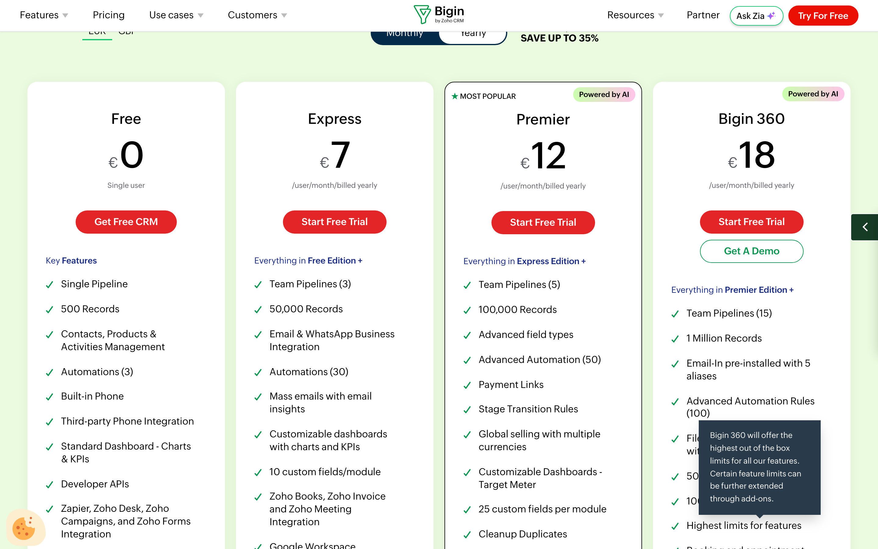 Bigin’s pricing page with Yearly billing selected, showing Free at €0 for a single user, Express at €7, Premier at €12 and Bigin 360 at €18 per user per month, with record limits of 500, 50,000, 100,000 and 1 million.