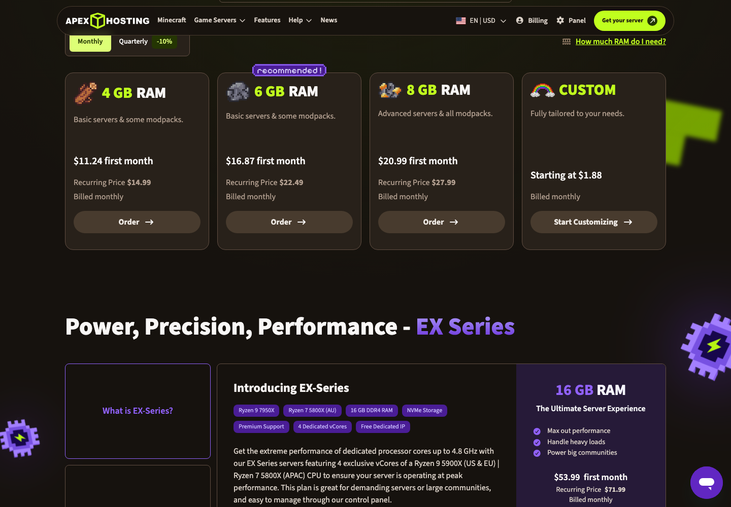 Apex Hosting’s Minecraft pricing: 4 GB at $11.24 first month with a $14.99 recurring price, 6 GB at $16.87 / $22.49, 8 GB at $20.99 / $27.99, and a custom option from $1.88.