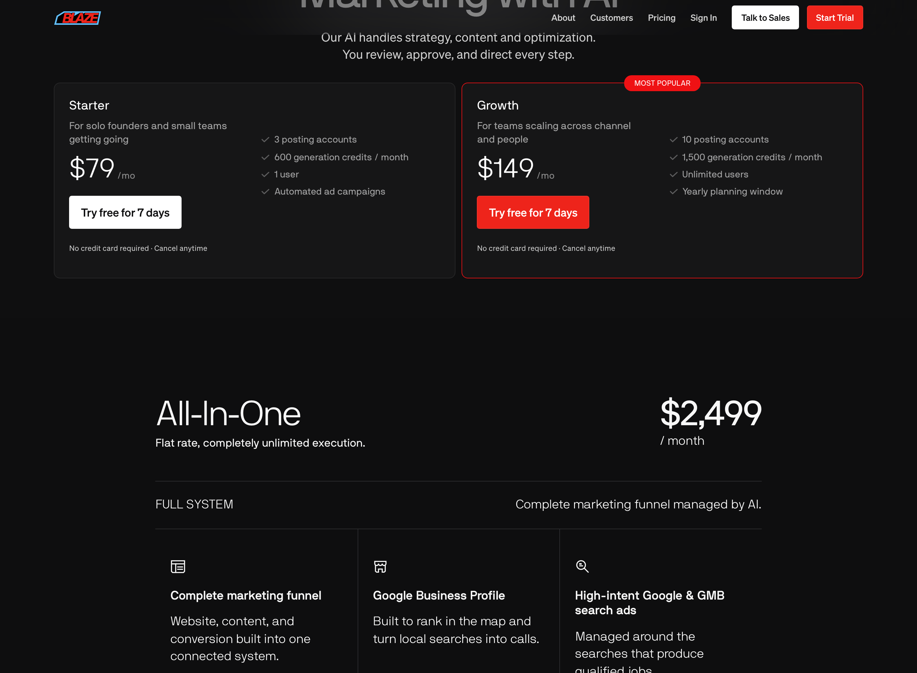 Blaze AI’s Starter plan at $79 a month with 1 user and Growth at $149 with unlimited users