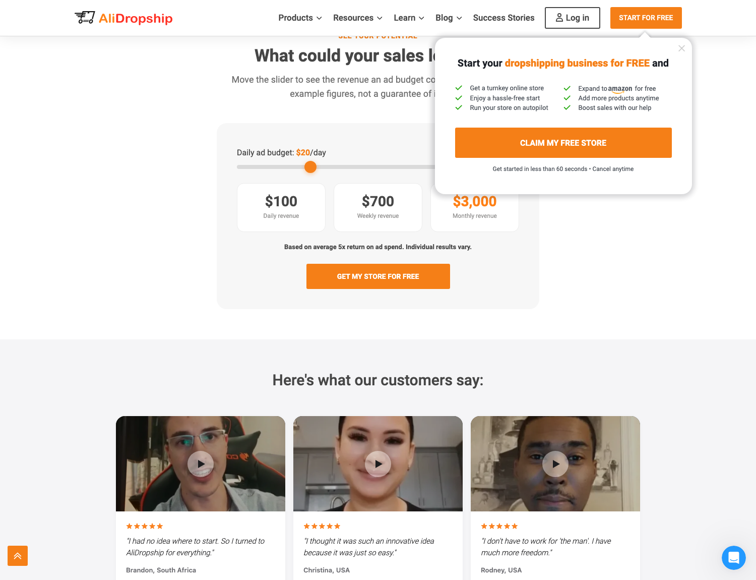 AliDropship’s revenue calculator set to $20 a day of ad spend, showing $100 daily, $700 weekly and $3,000 monthly revenue based on an assumed 5x return on ad spend.