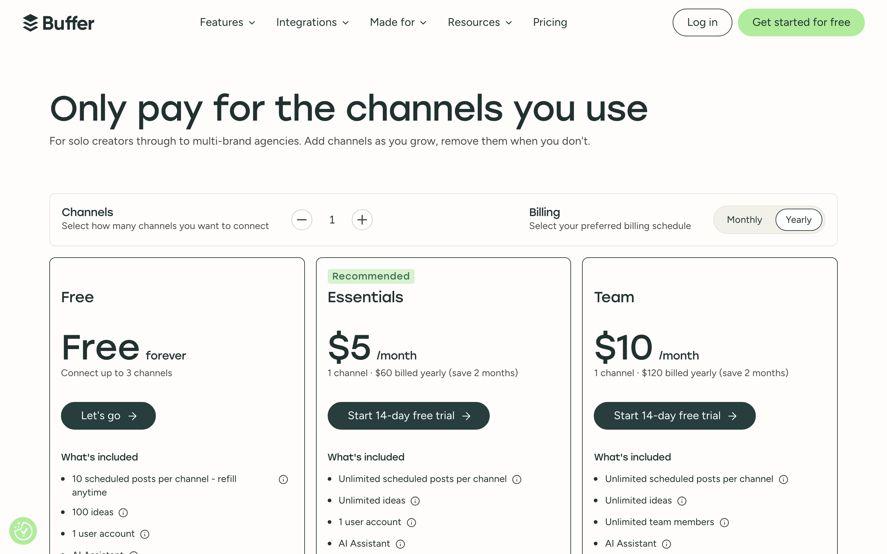 Buffer’s pricing page showing a free plan for three channels, Essentials at $5 and Team at $10 per channel per month, with a channel stepper and monthly or yearly billing.