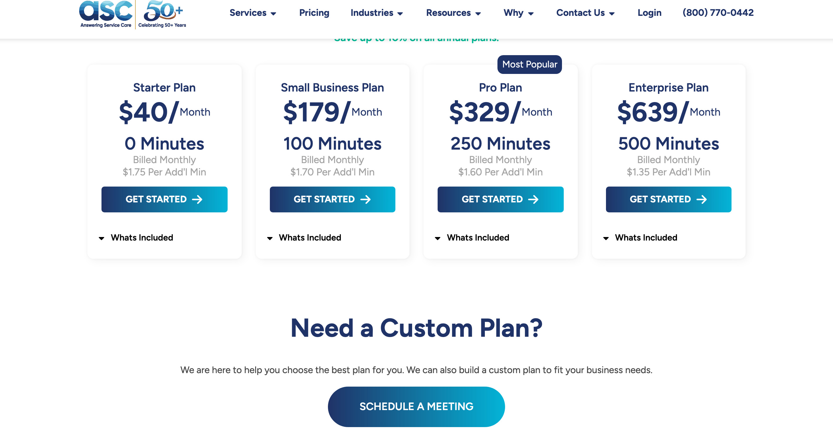 Answering Service Care’s live answering plans, showing the Starter, Small Business, Pro and Enterprise cards.