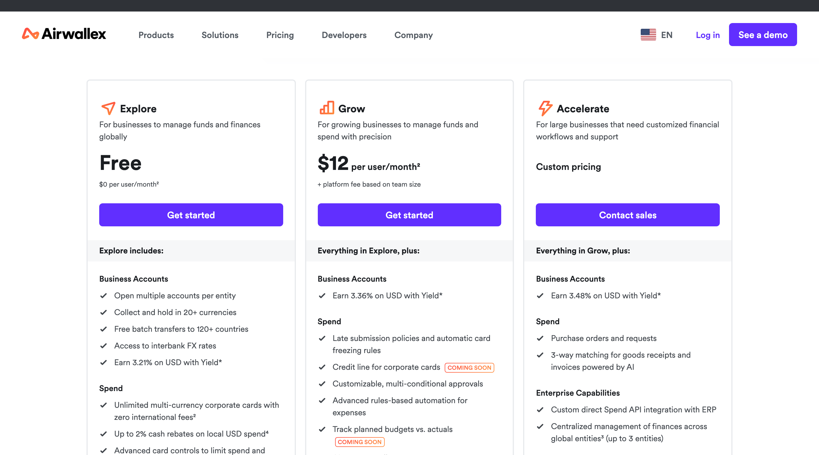 Airwallex’s pricing page showing the Explore, Grow and Accelerate plans.