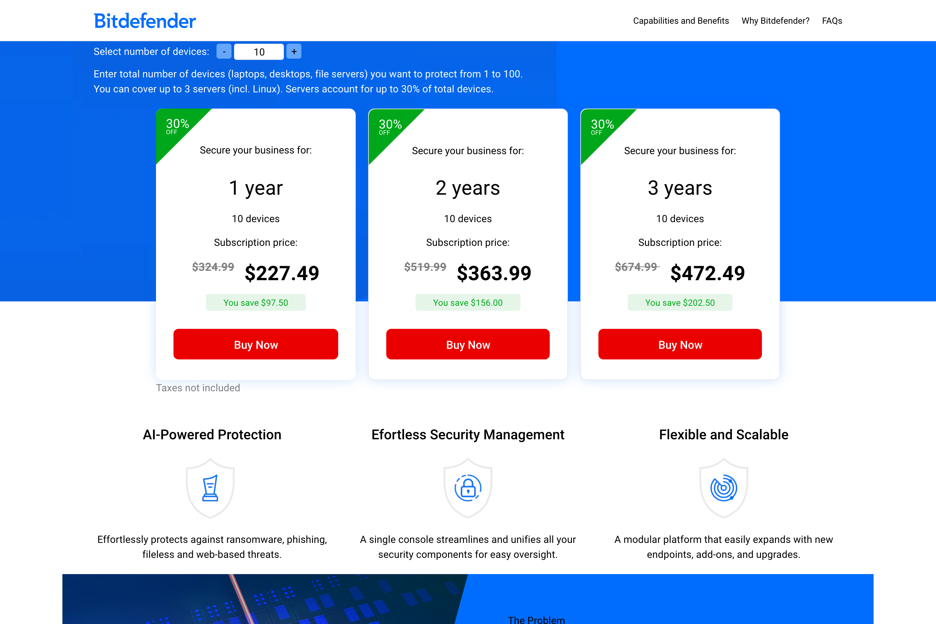 Bitdefender’s GravityZone Small Business Security calculator showing one, two and three year prices at 30% off for 10 devices