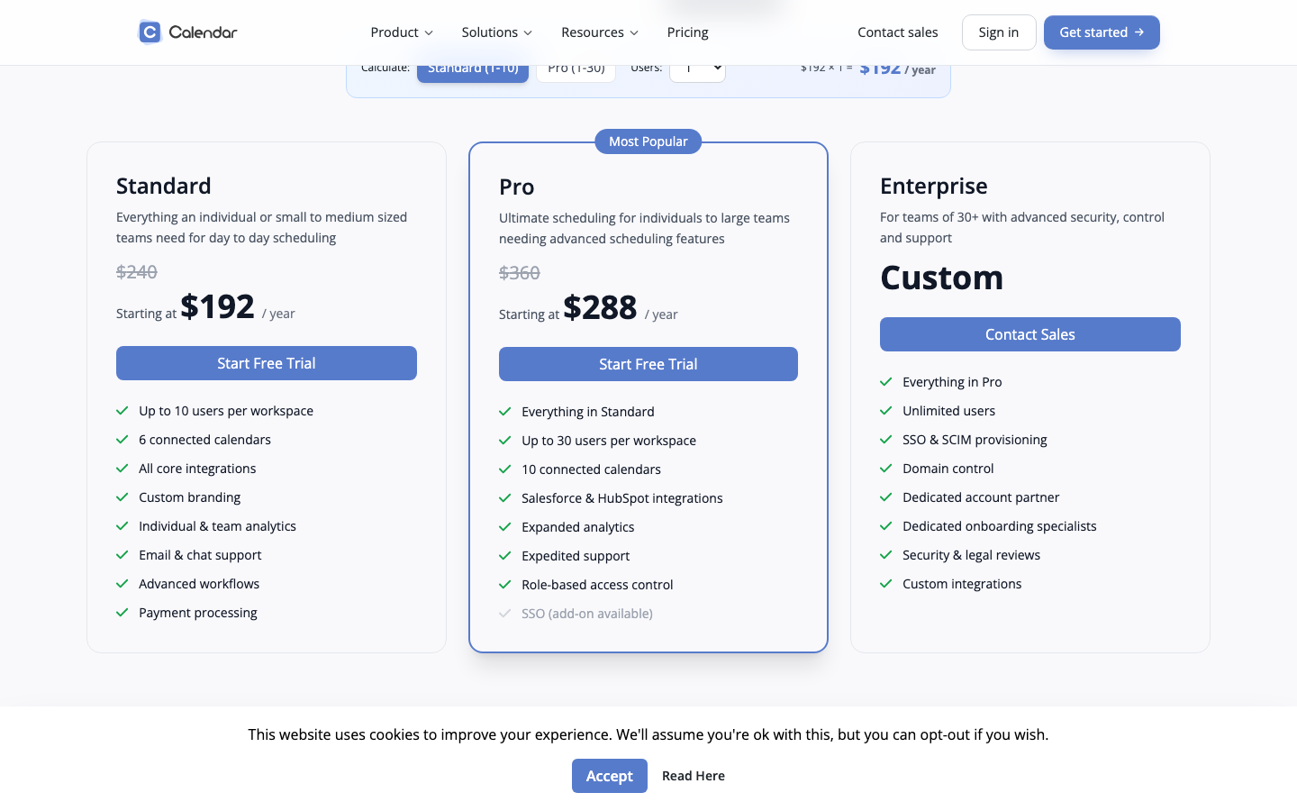Calendar.com’s annual pricing showing Standard at $192 and Pro at $288 per year, with $240 and $360 struck through.