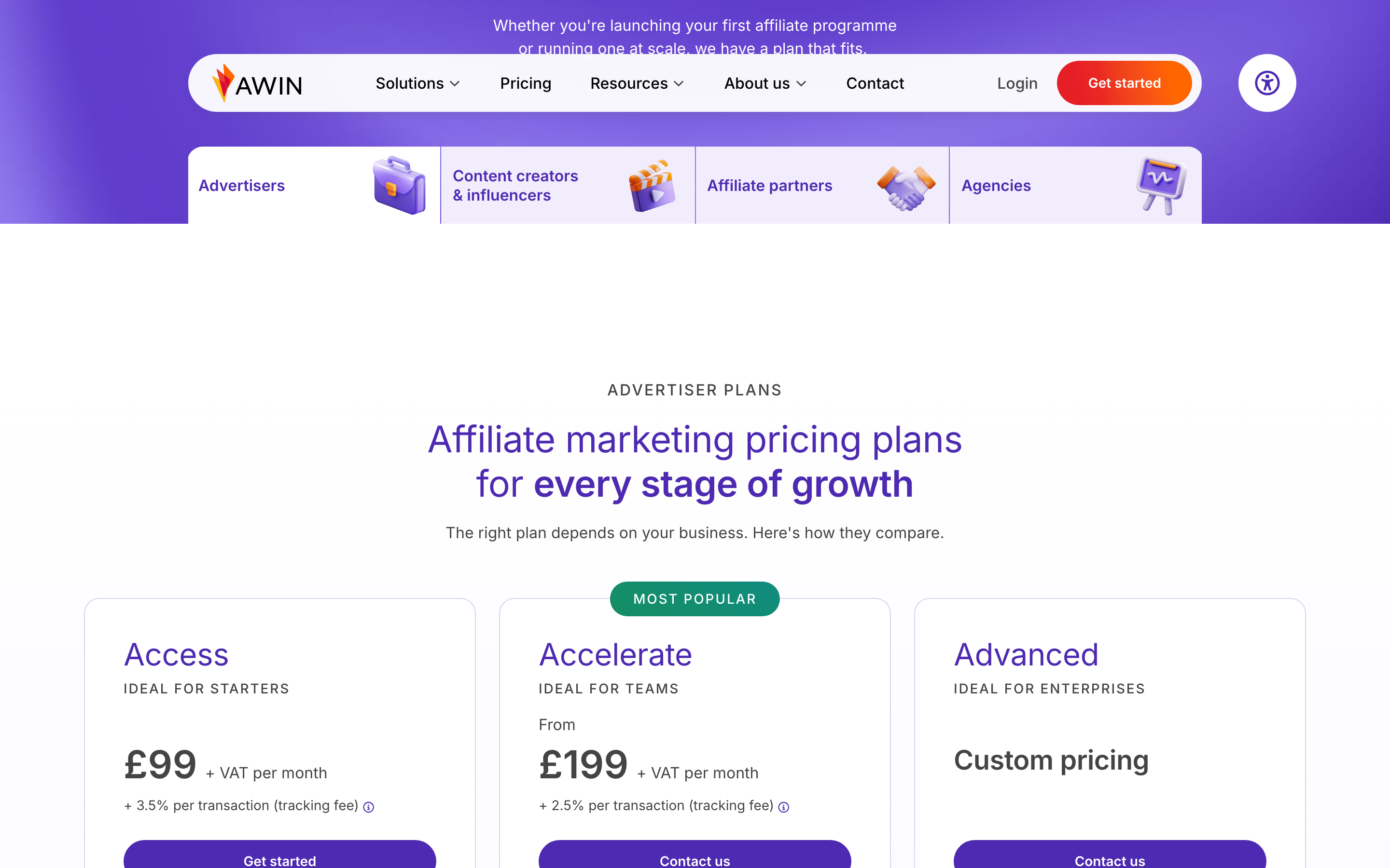 Awin’s advertiser pricing page showing three plans: Access at £99 plus VAT per month with a 3.5% per-transaction tracking fee, Accelerate from £199 with 2.5%, and Advanced at custom pricing.