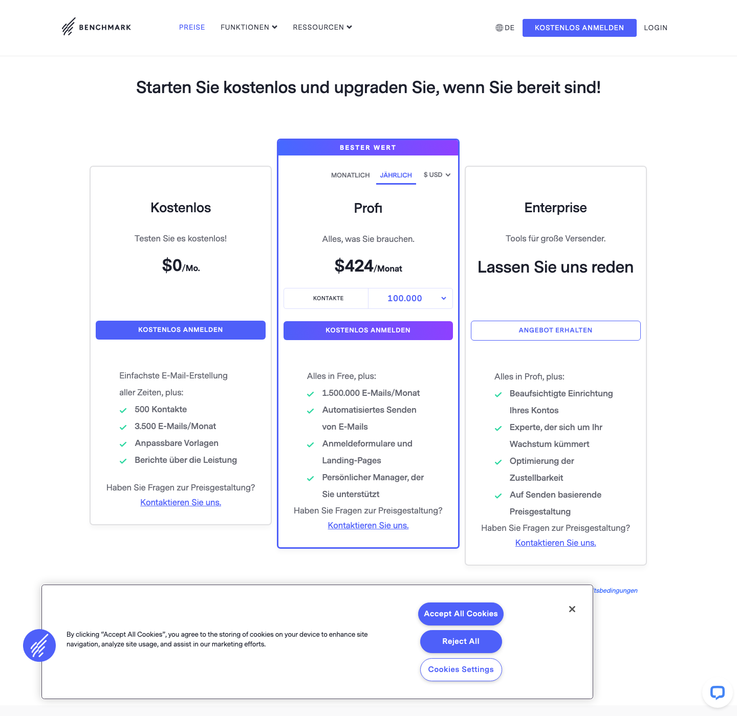 Benchmark Email’s pricing page showing the Free plan at $0 and Pro from $13 a month, with a contact selector running to over 100,000.