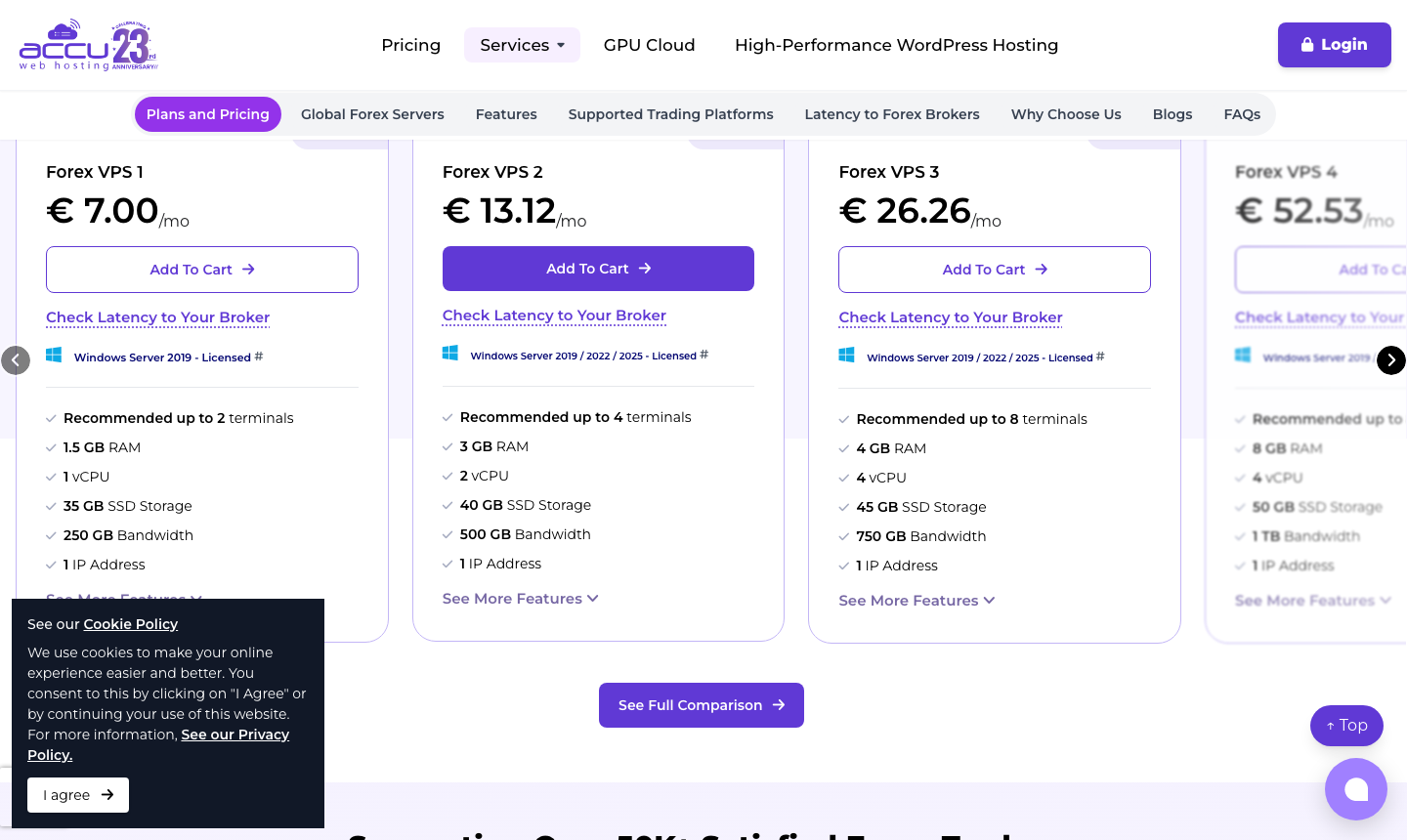 AccuWeb’s four Forex VPS plans on the euro price list — €7.00, €13.12, €26.26 and €52.53 a month — with savings badges of 46.73%, 50.03%, 36.19% and 34.08%.