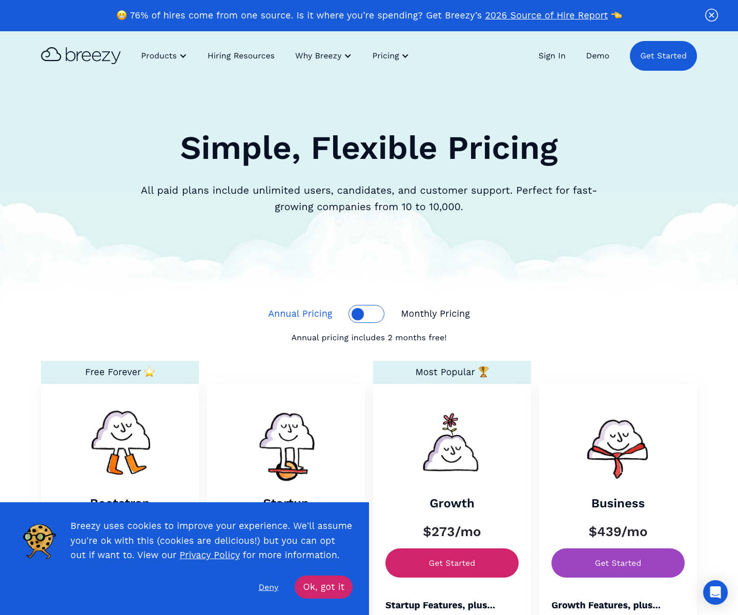 Breezy HR’s pricing page on annual billing, showing Bootstrap free, Startup at $157, Growth at $273 and Business at $439 per month, with a Custom Pro tier.