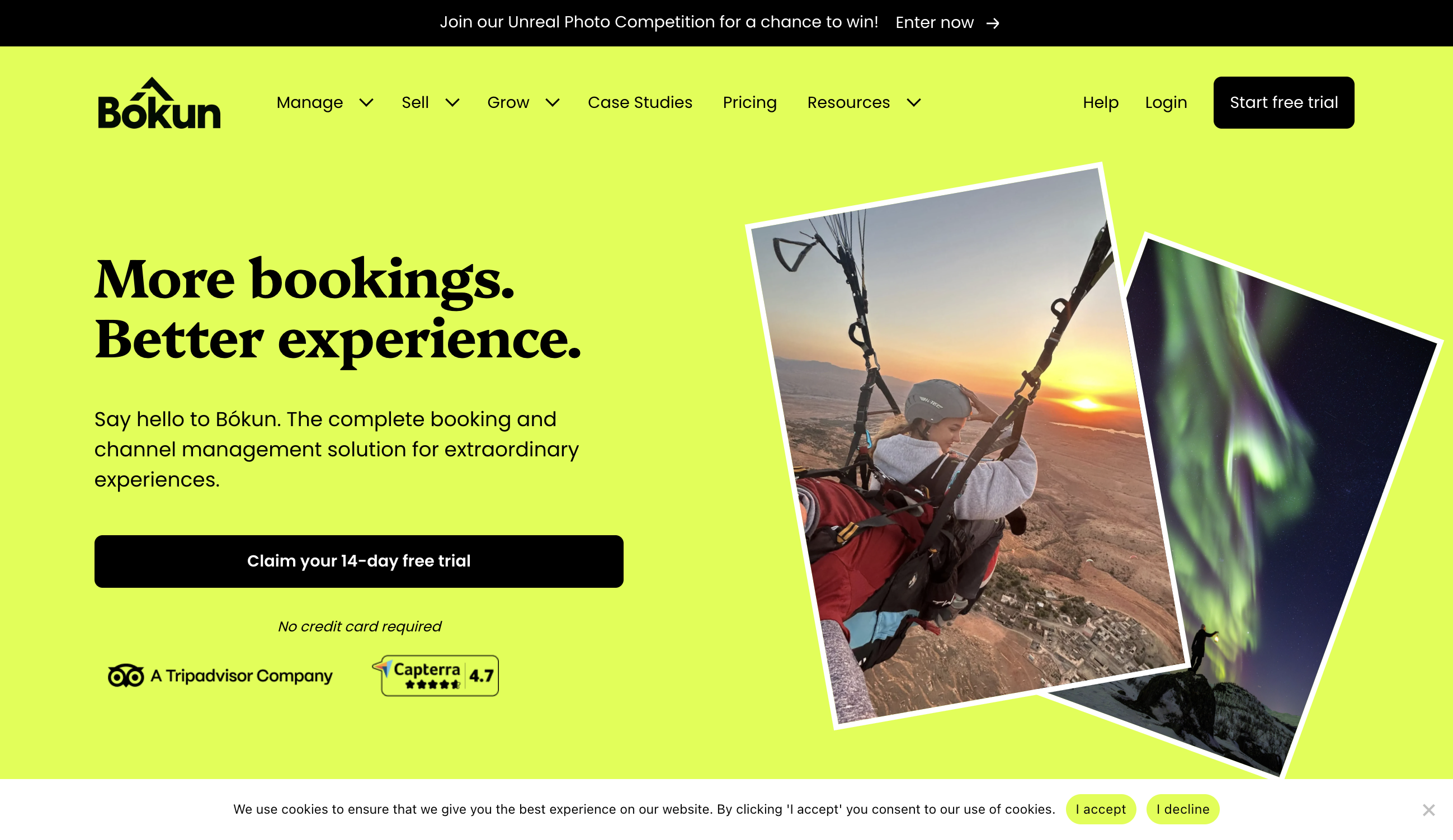 Bókun’s homepage: “More bookings. Better experience.” — the complete booking and channel management solution for tours and activities, from a Tripadvisor company, rated 4.7 on Capterra.